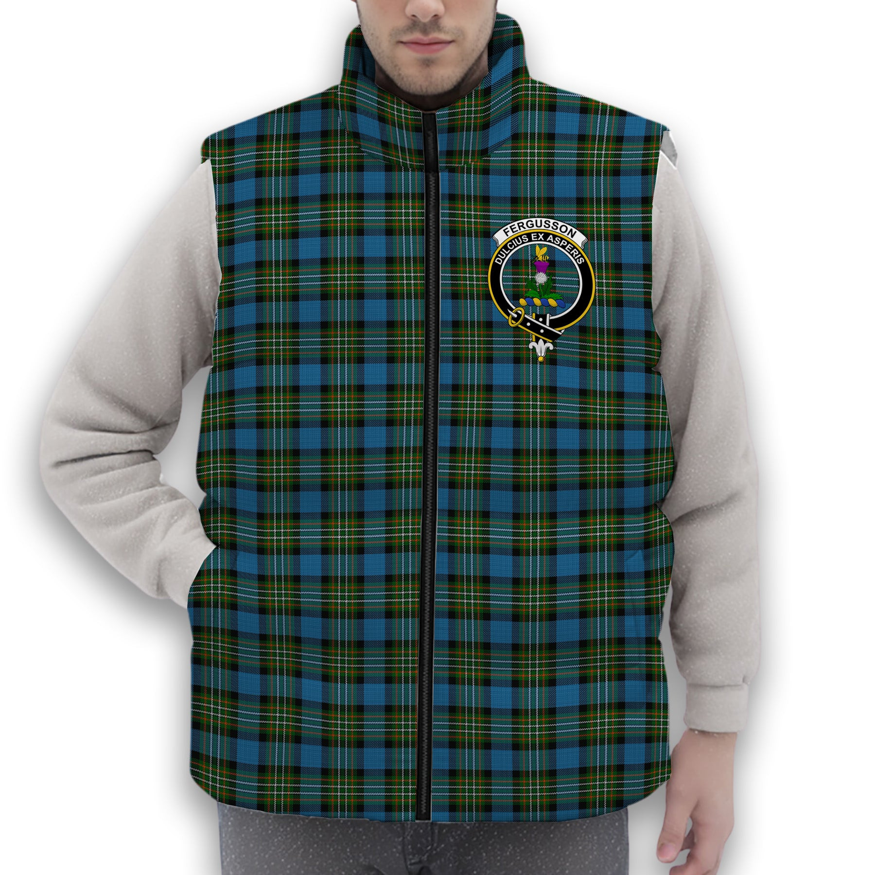 ScotsTee Shop Scottish Ferguson Tarlogie Crest Tartan Puffer Vest Winter White Duck Down Vest Sleeveless