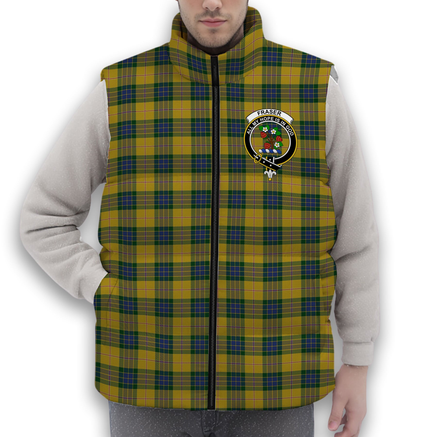 ScotsTee Shop Scottish Fraser Yellow Crest Tartan Puffer Vest Winter White Duck Down Vest Sleeveless