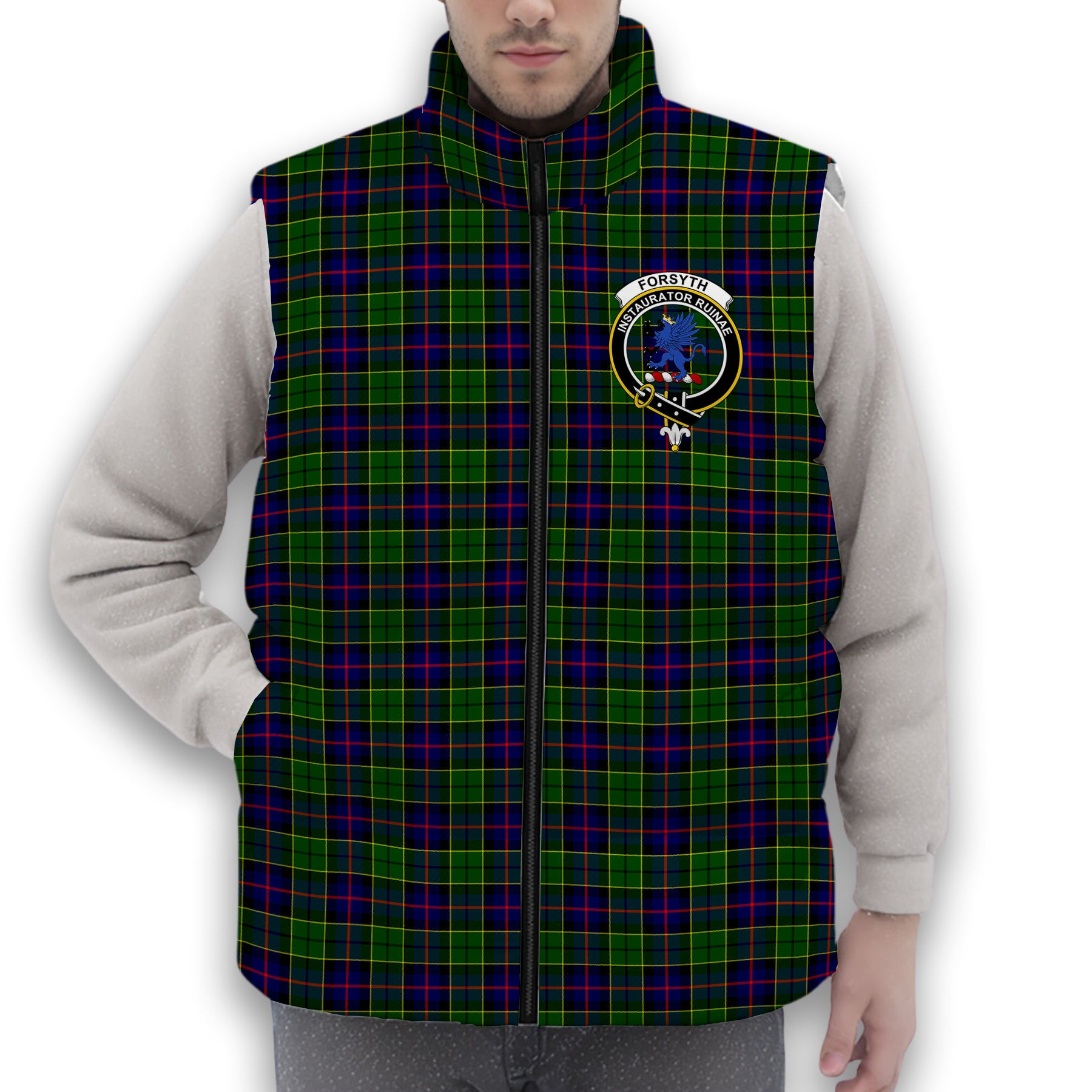 ScotsTee Shop Scottish Forsyth Modern Crest Tartan Puffer Vest Winter White Duck Down Vest Sleeveless