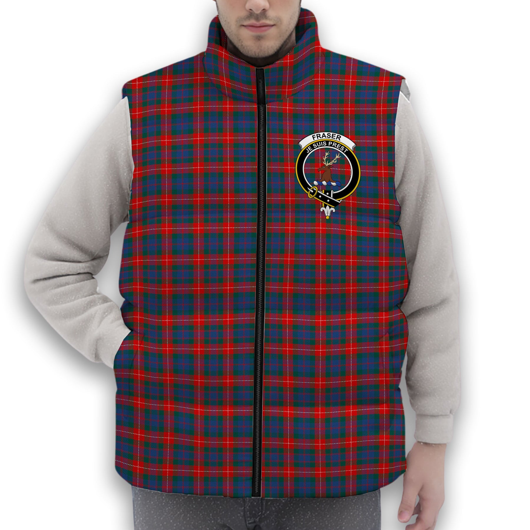 ScotsTee Shop Scottish Fraser of Lovat Modern Crest Tartan Puffer Vest Winter White Duck Down Vest Sleeveless
