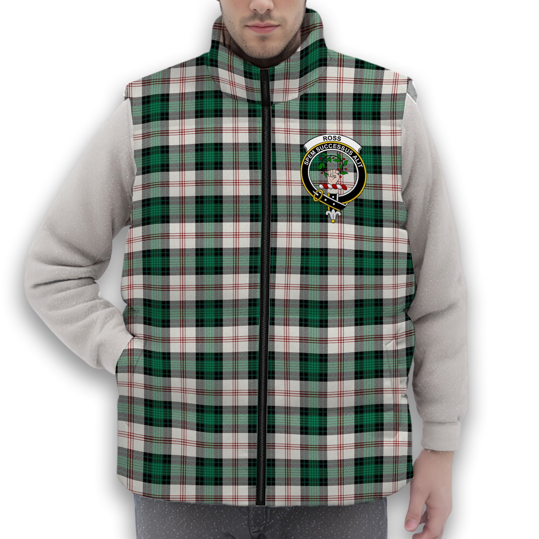 ScotsTee Shop Scottish Ross Arisaid Modern Crest Tartan Puffer Vest Winter White Duck Down Vest Sleeveless