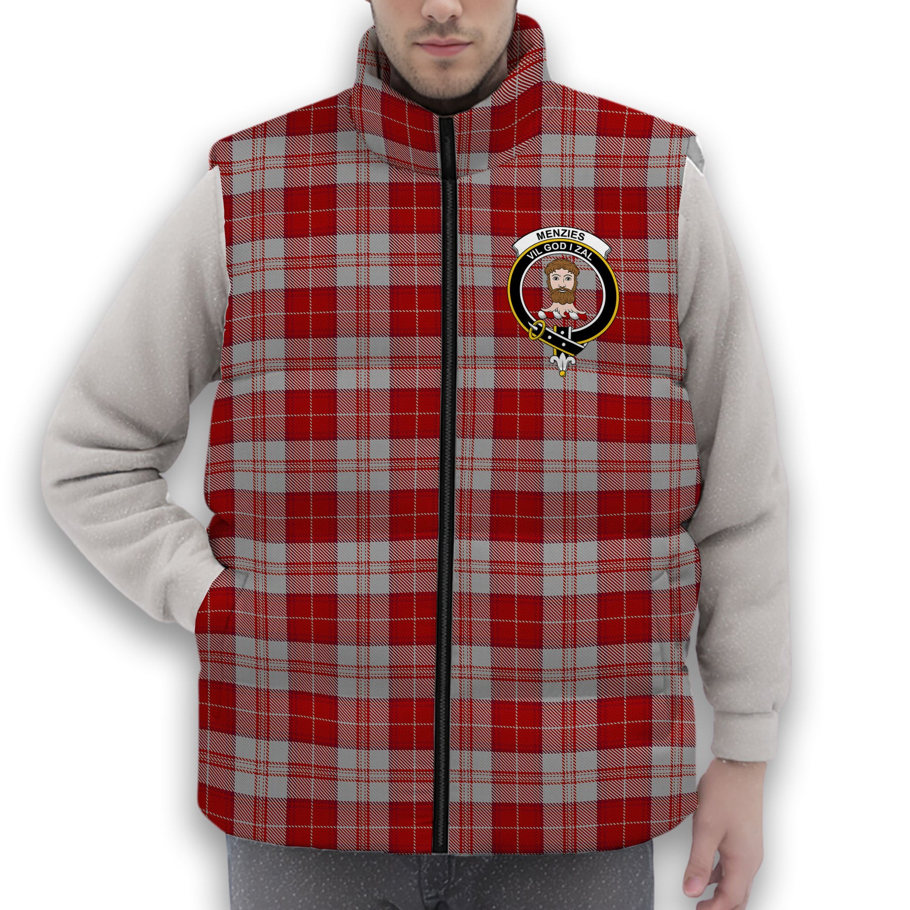 ScotsTee Shop Scottish Menzies 3 Crest Tartan Puffer Vest Winter White Duck Down Vest Sleeveless
