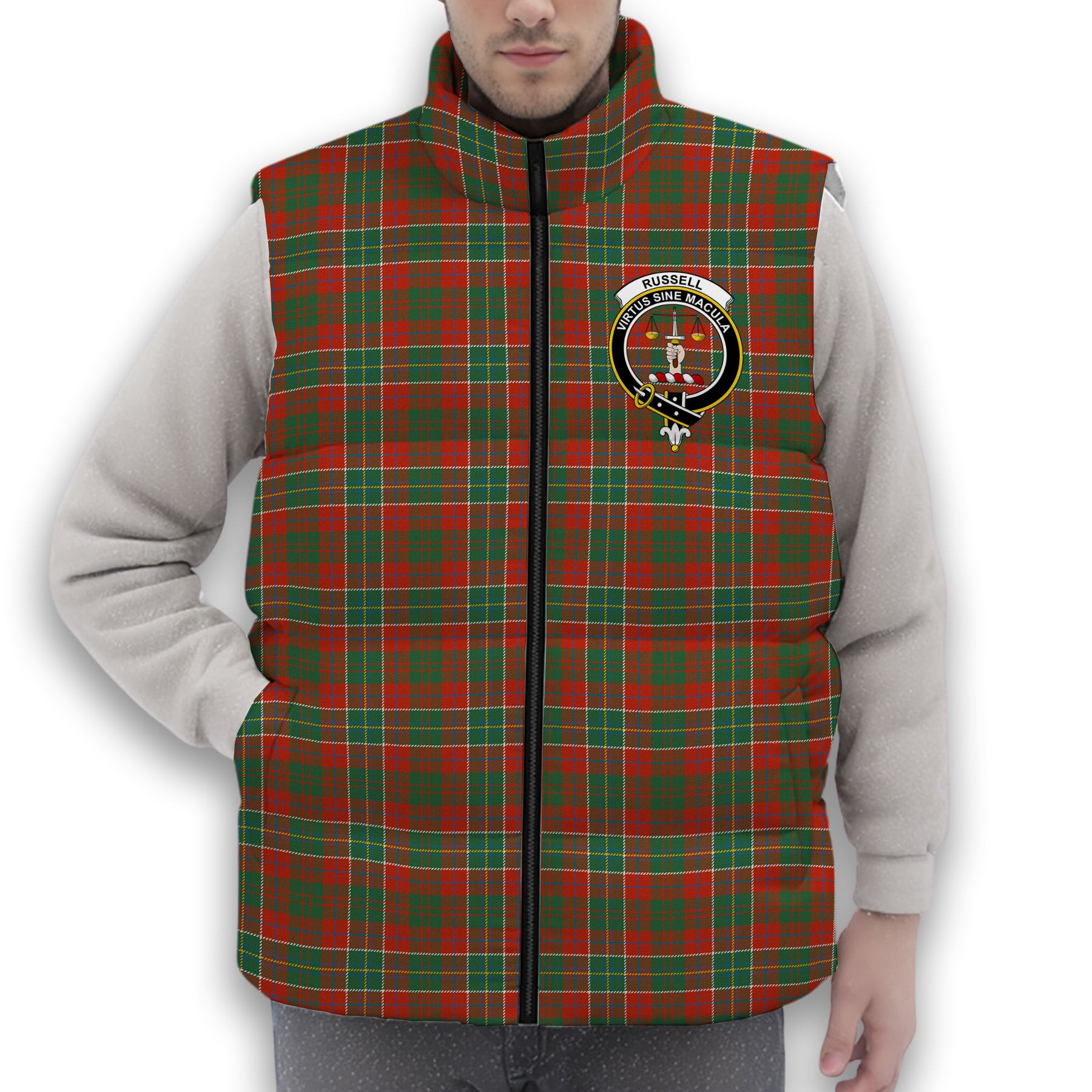 ScotsTee Shop Scottish Russell USA Ancient Crest Tartan Puffer Vest Winter White Duck Down Vest Sleeveless