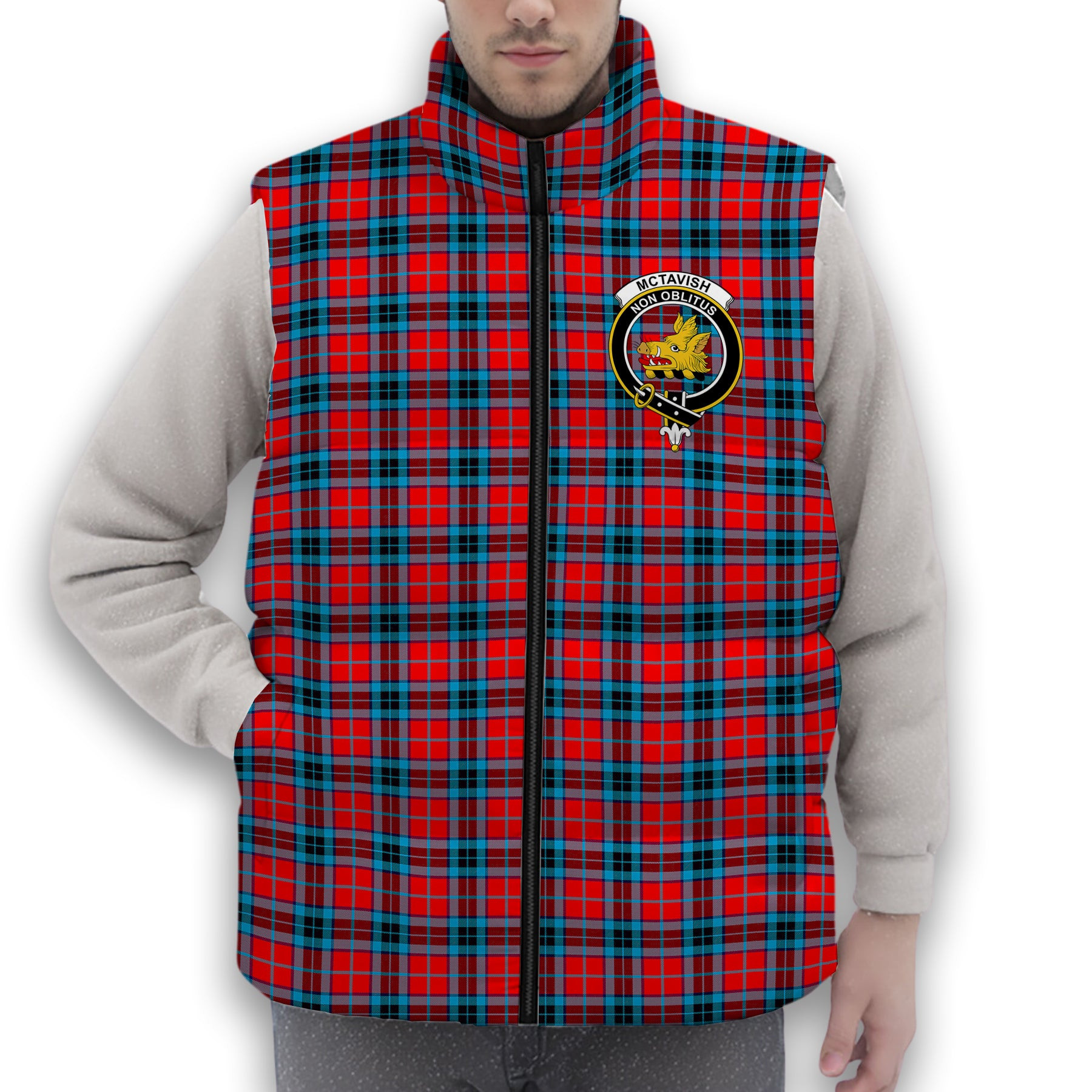 ScotsTee Shop Scottish McTavish Modern Crest Tartan Puffer Vest Winter White Duck Down Vest Sleeveless