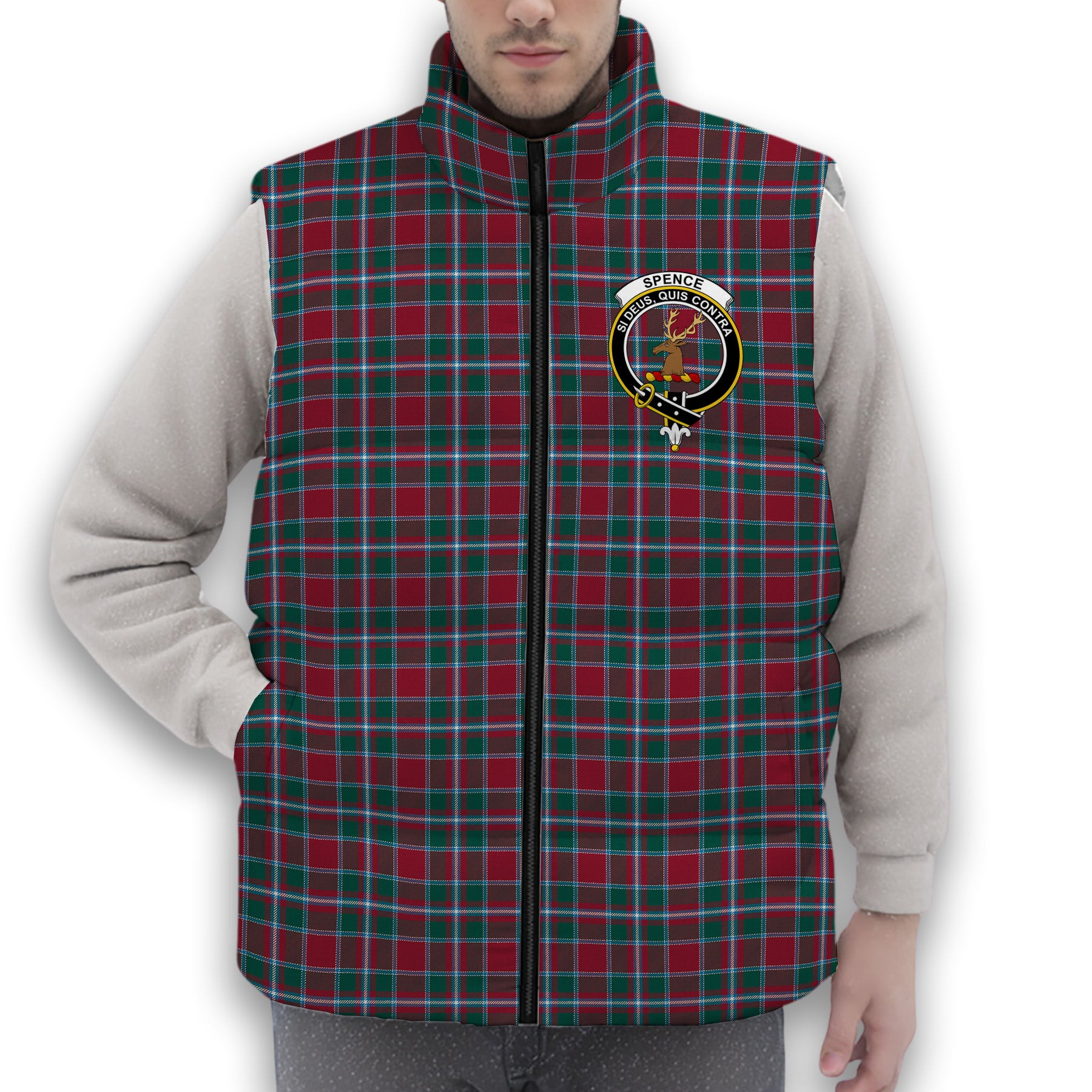 ScotsTee Shop Scottish Spence Modern Clan Crest Tartan Puffer Vest Winter White Duck Down Vest Sleeveless