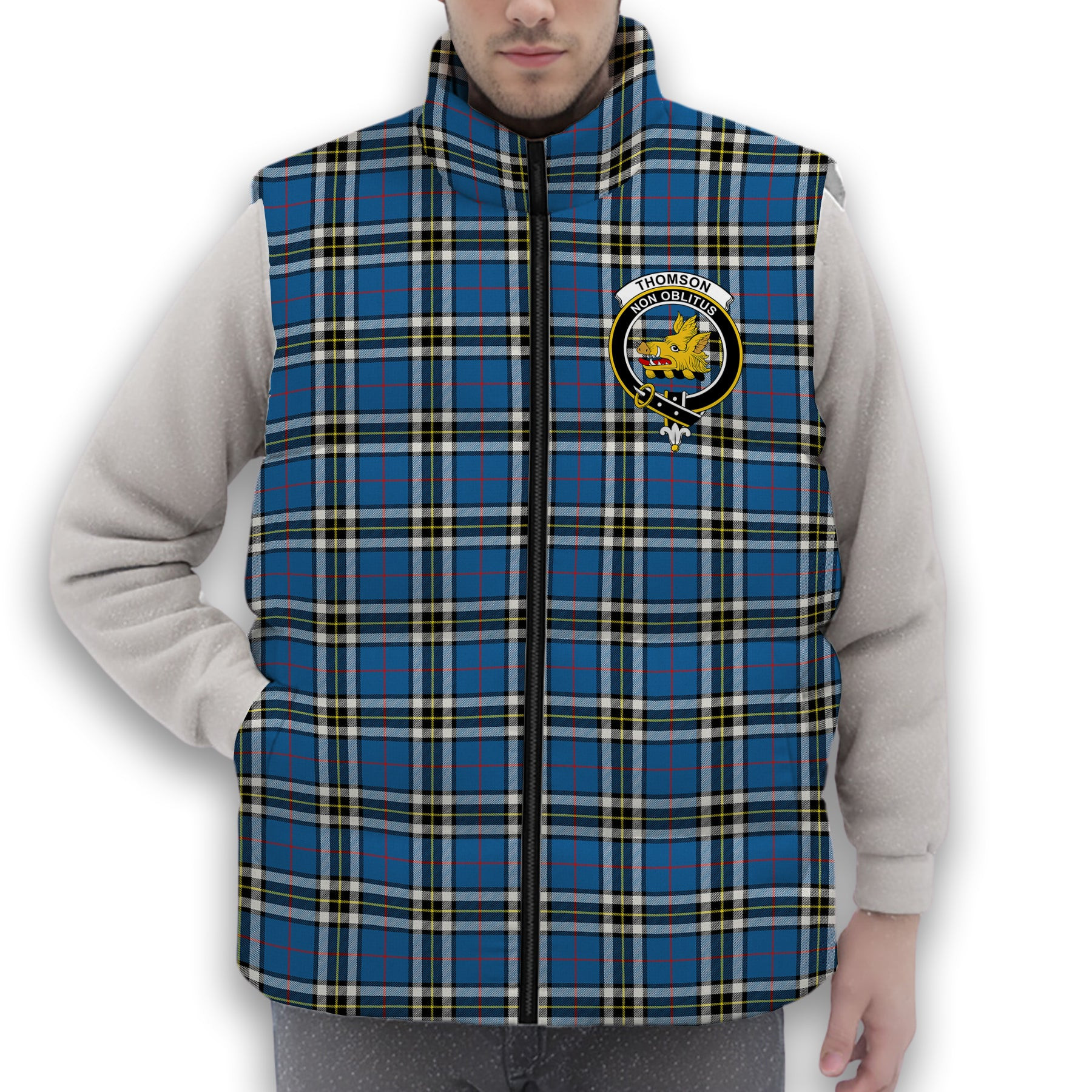 ScotsTee Shop Scottish Thomson Dress Blue Modern Crest Tartan Puffer Vest Winter White Duck Down Vest Sleeveless