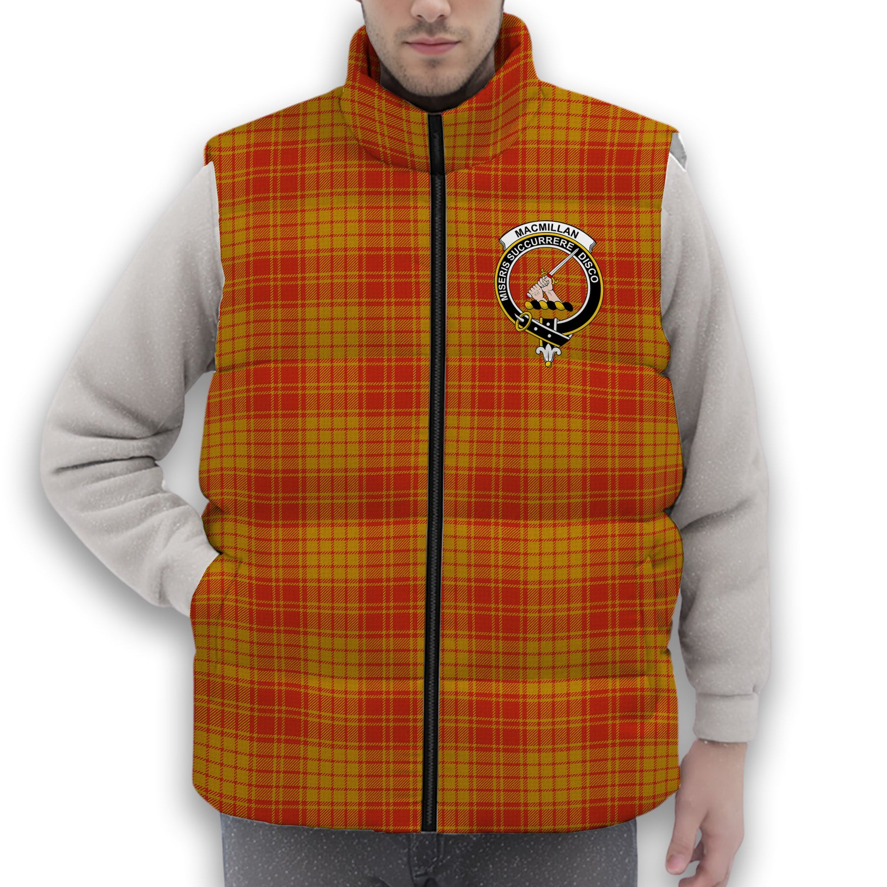ScotsTee Shop Scottish MacMillan Dress Ancient Crest Tartan Puffer Vest Winter White Duck Down Vest Sleeveless