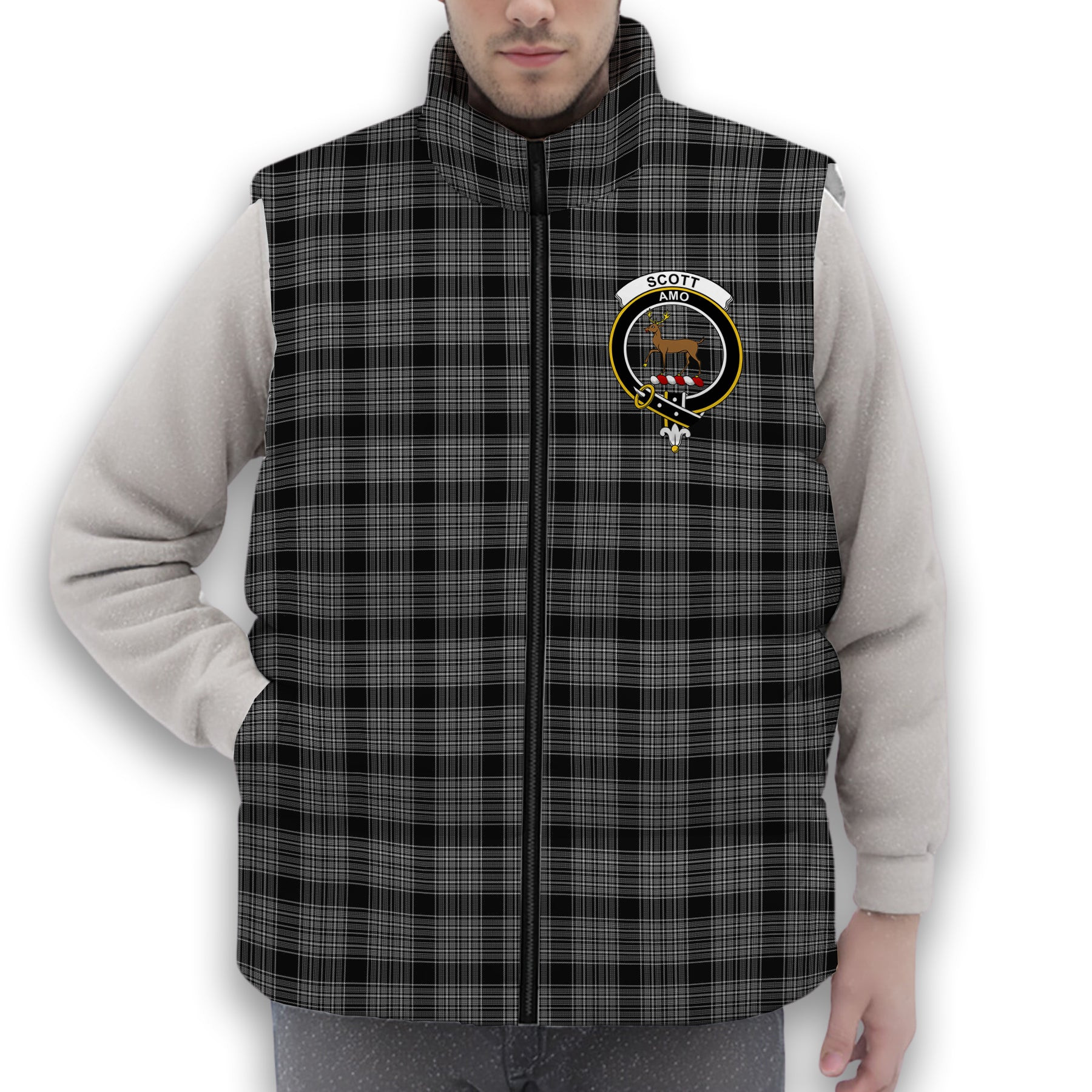 ScotsTee Shop Scottish Scott Black and White Crest Tartan Puffer Vest Winter White Duck Down Vest Sleeveless