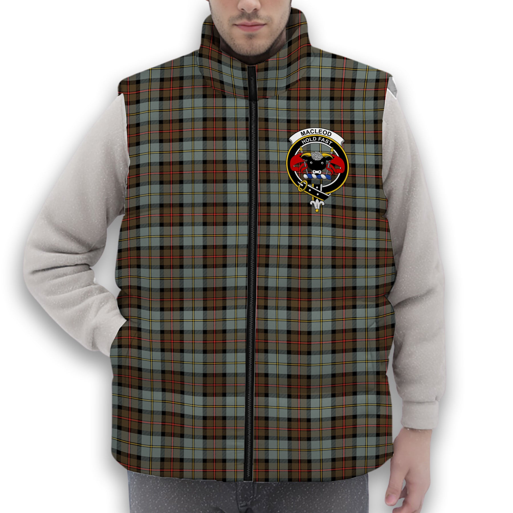 ScotsTee Shop Scottish MacLeod Of Harris Weathered Crest Tartan Puffer Vest Winter White Duck Down Vest Sleeveless