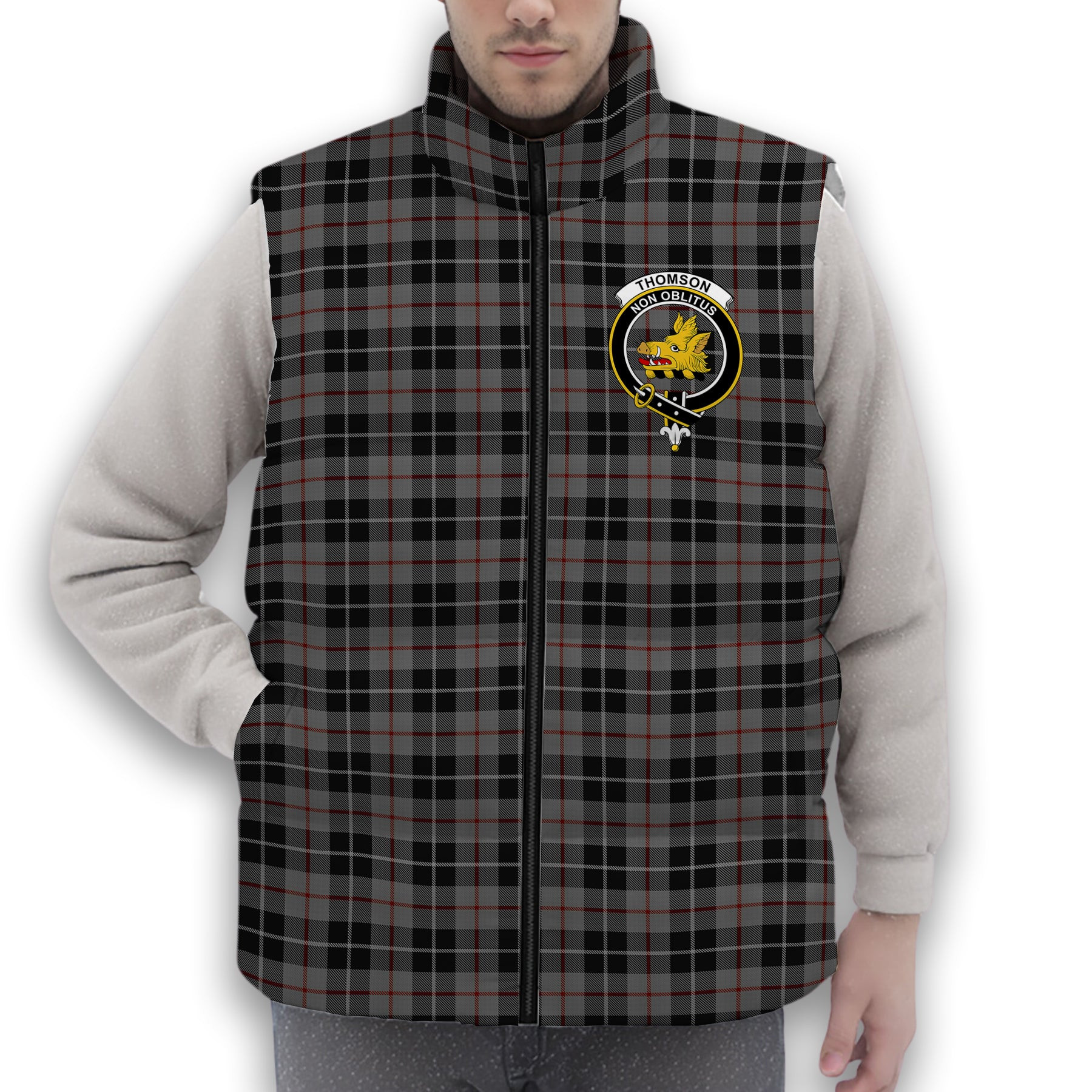 ScotsTee Shop Scottish Thomson Grey Crest Tartan Puffer Vest Winter White Duck Down Vest Sleeveless