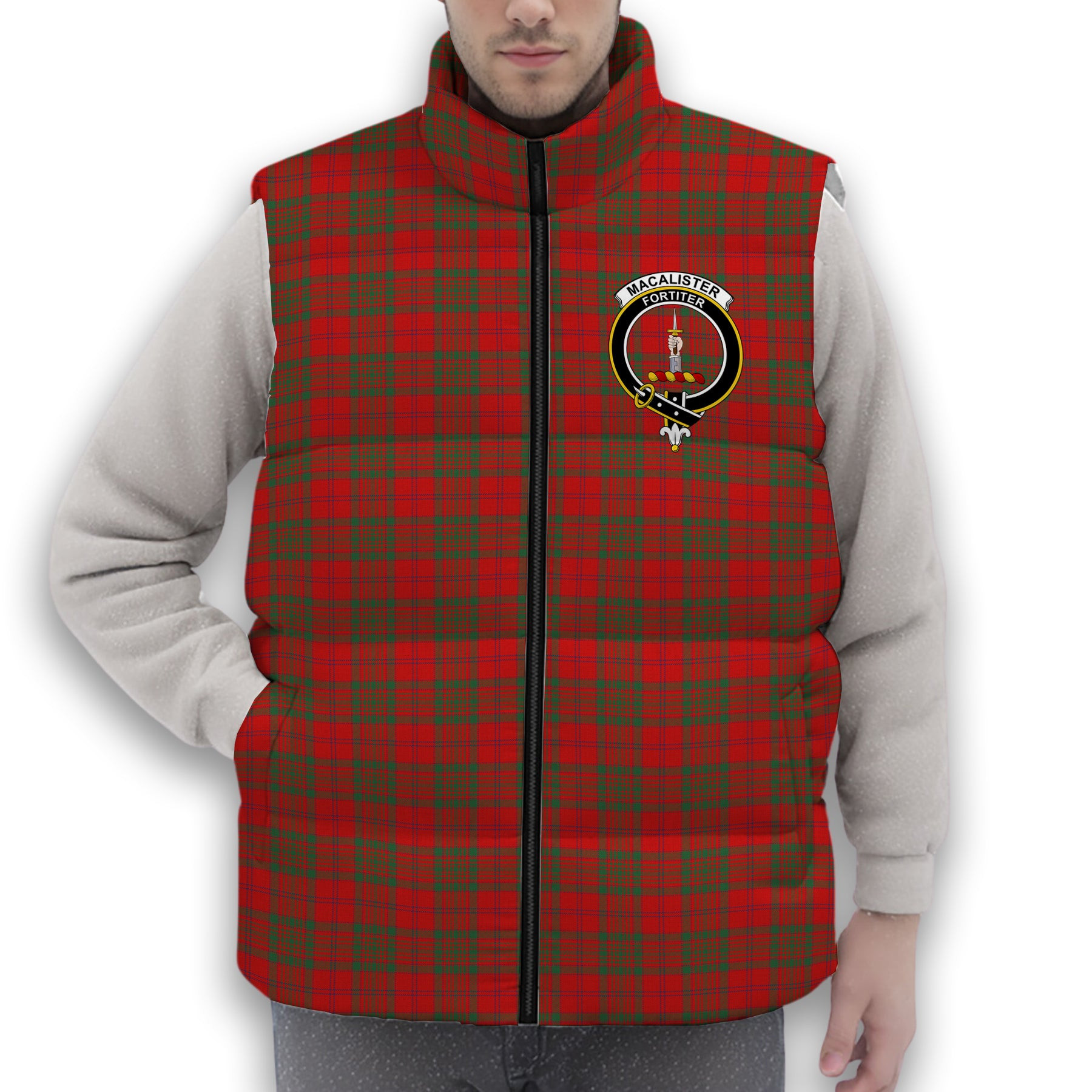 ScotsTee Shop Scottish MacAlister of Glenbarr Modern Crest Tartan Puffer Vest Winter White Duck Down Vest Sleeveless