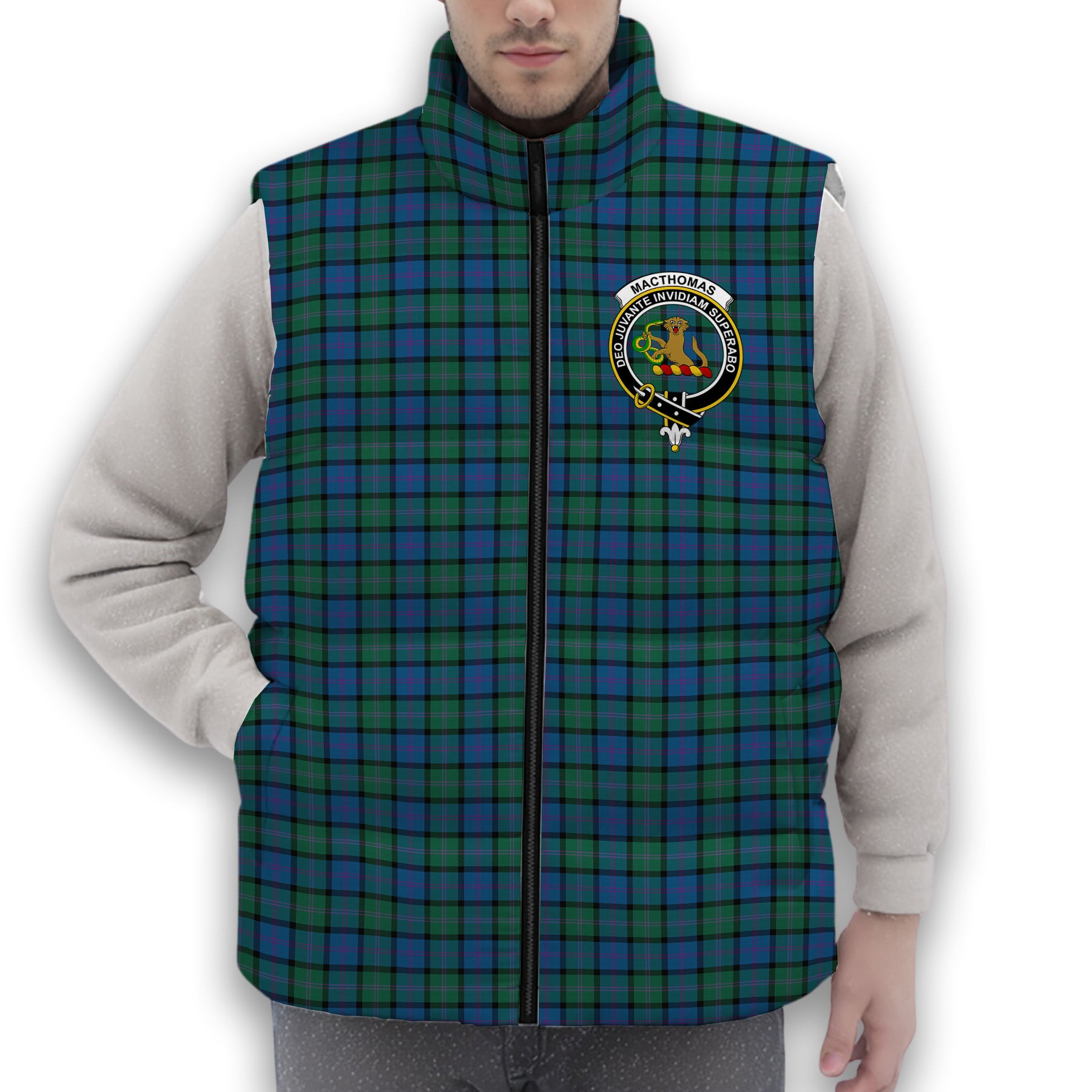ScotsTee Shop Scottish MacThomas Crest Tartan Puffer Vest Winter White Duck Down Vest Sleeveless