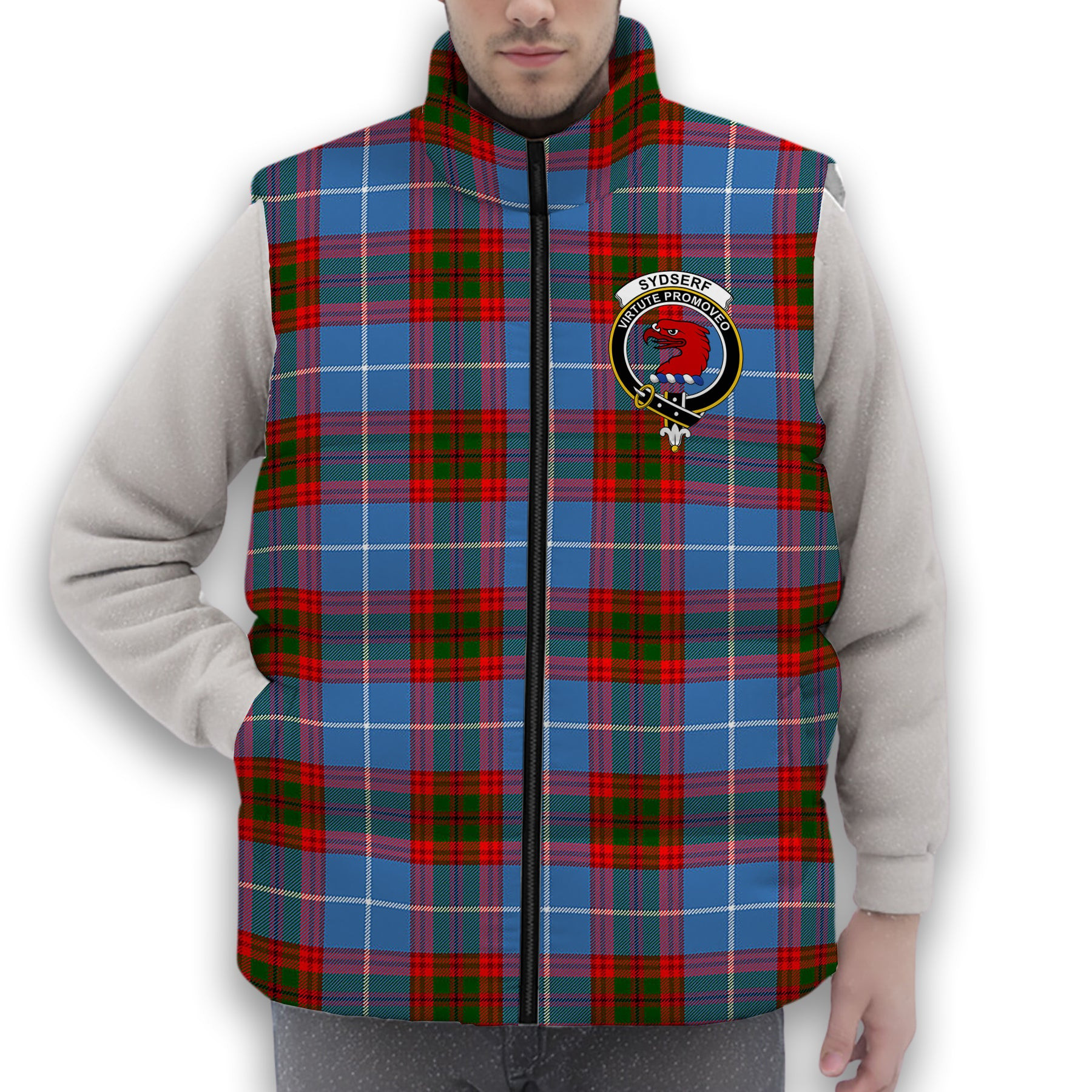 ScotsTee Shop Scottish Sydserf Crest Tartan Puffer Vest Winter White Duck Down Vest Sleeveless