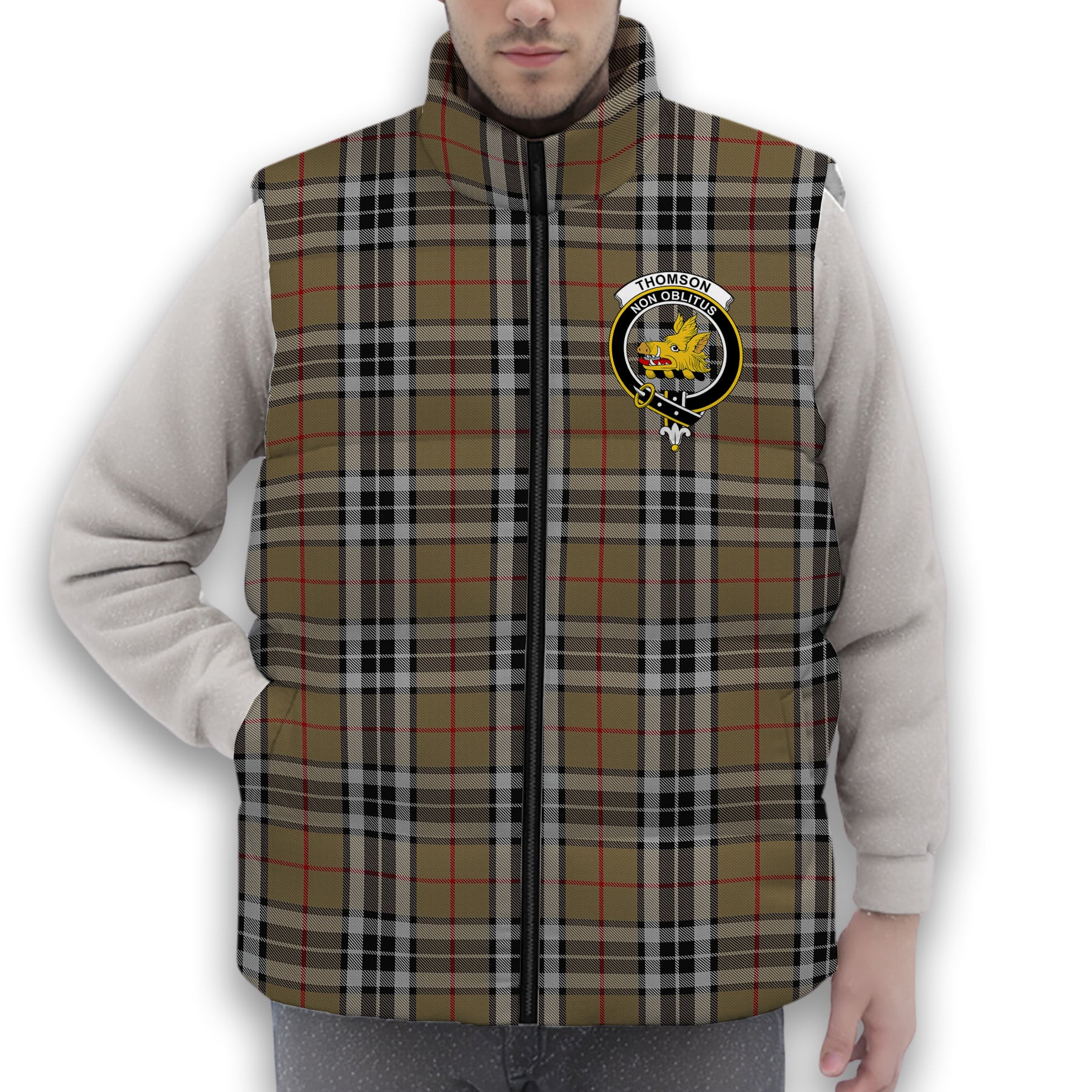 ScotsTee Shop Scottish Thomson Camel Crest Tartan Puffer Vest Winter White Duck Down Vest Sleeveless