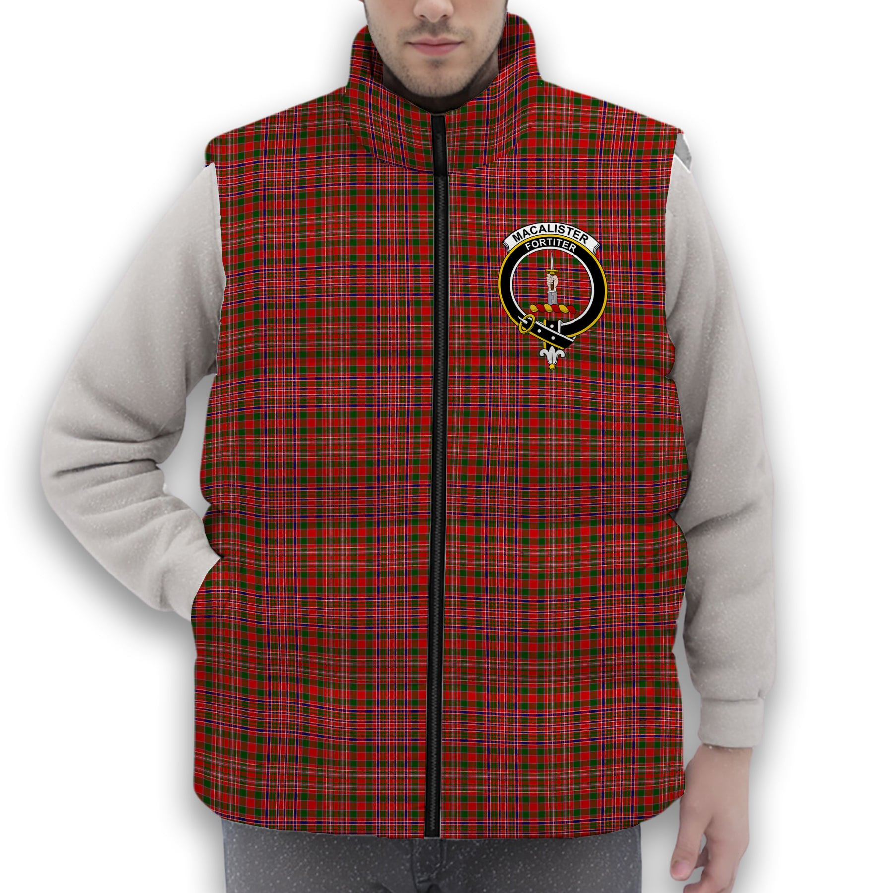 ScotsTee Shop Scottish MacAlister Modern SC Crest Tartan Puffer Vest Winter White Duck Down Vest Sleeveless