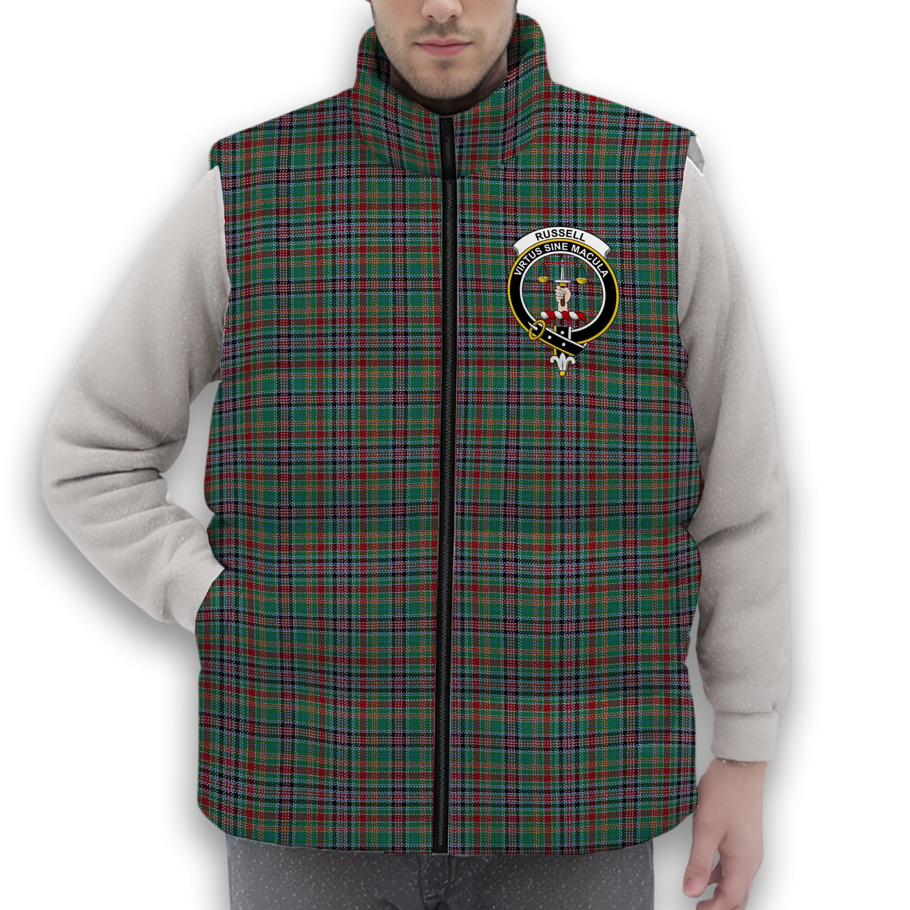 ScotsTee Shop Scottish Russell Old Ancient Crest Tartan Puffer Vest Winter White Duck Down Vest Sleeveless