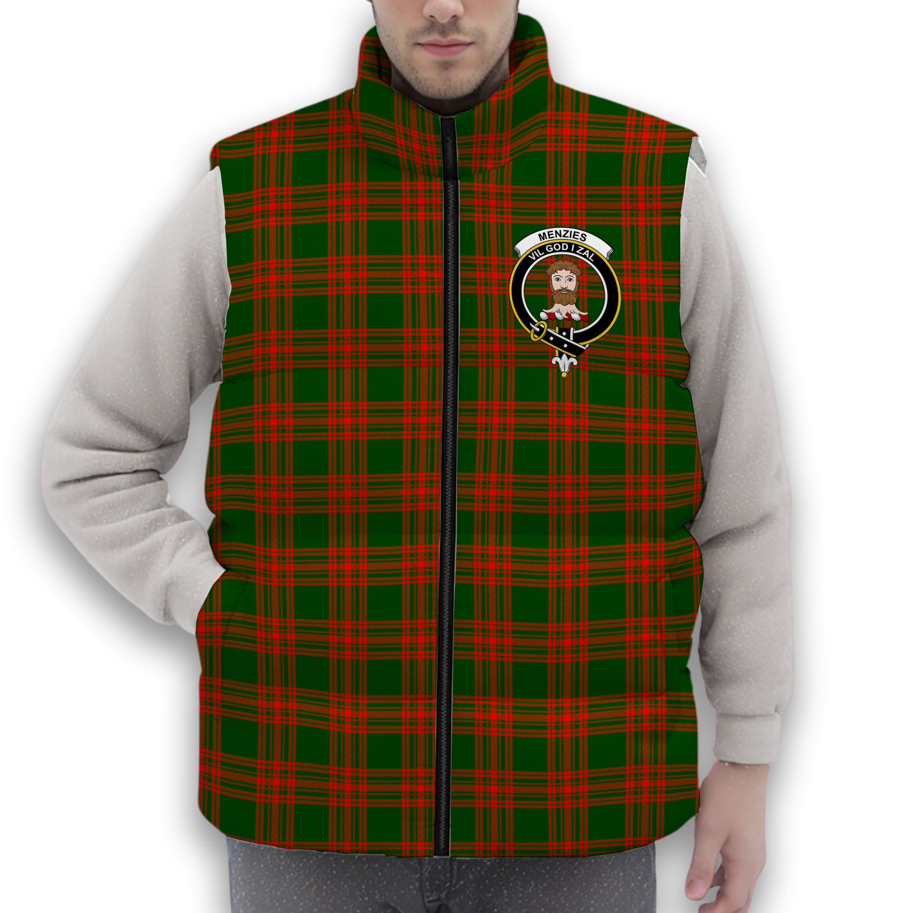 ScotsTee Shop Scottish Menzies Green Modern Crest Tartan Puffer Vest Winter White Duck Down Vest Sleeveless
