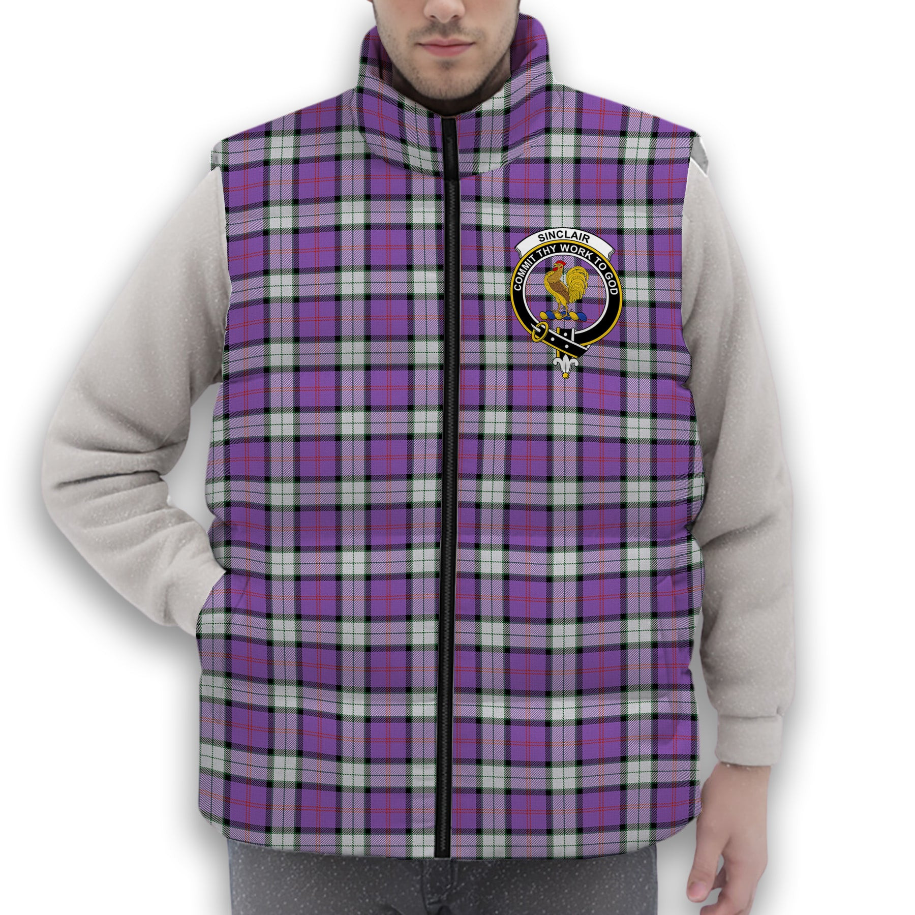 ScotsTee Shop Scottish Sinclair Dress (Dance) Ancient Clan Crest Tartan Puffer Vest Winter White Duck Down Vest Sleeveless