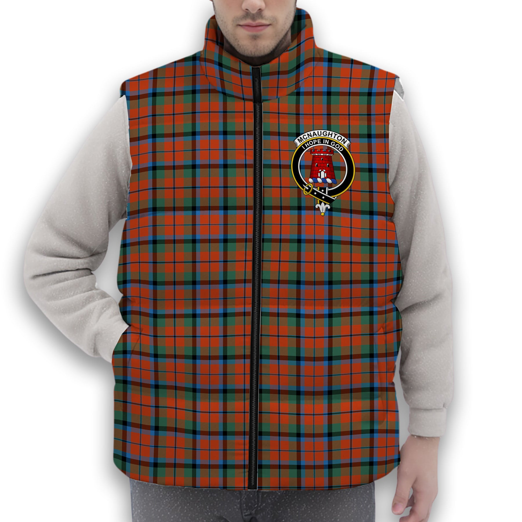 ScotsTee Shop Scottish McNaughton Ancient Crest Tartan Puffer Vest Winter White Duck Down Vest Sleeveless