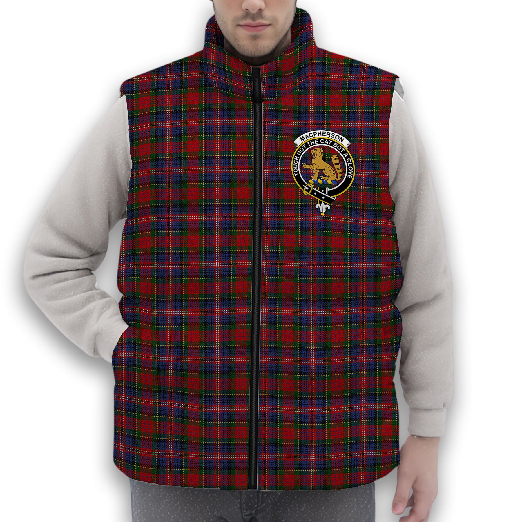 ScotsTee Shop Scottish MacPherson 6 Crest Tartan Puffer Vest Winter White Duck Down Vest Sleeveless
