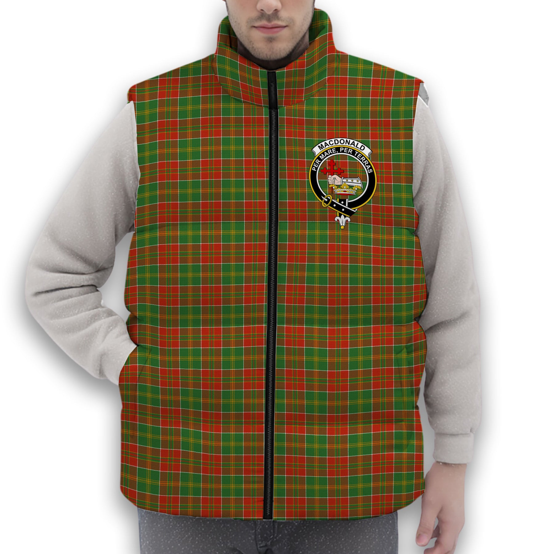ScotsTee Shop Scottish MacDonald of Kingsburgh Ancient Crest Tartan Puffer Vest Winter White Duck Down Vest Sleeveless