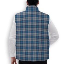 ScotsTee Shop Scottish Menzies Dress Blue and White Crest Tartan Puffer Vest Winter White Duck Down Vest Sleeveless