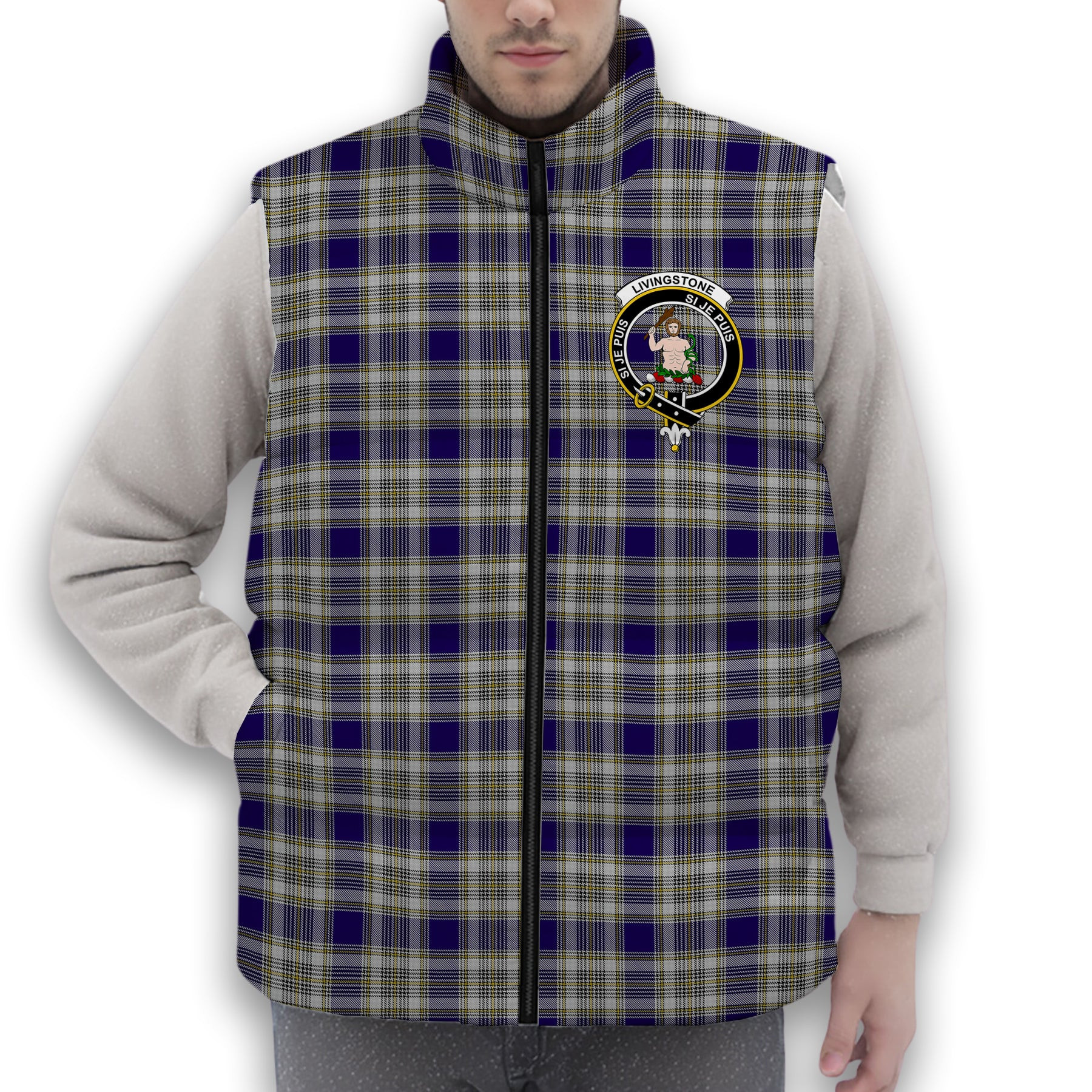 ScotsTee Shop Scottish Livingstone Dress Crest Tartan Puffer Vest Winter White Duck Down Vest Sleeveless
