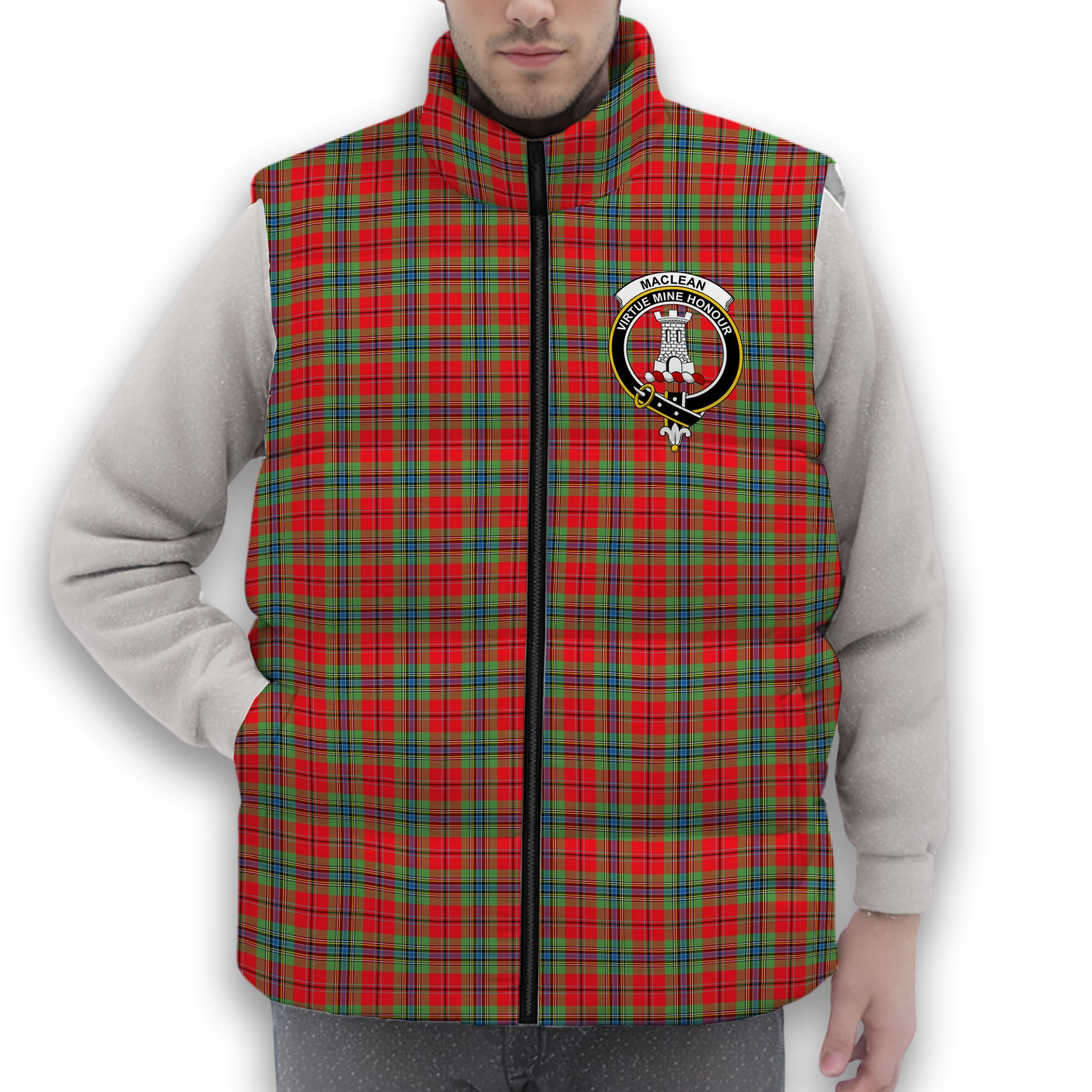 ScotsTee Shop Scottish MacLean of Duart Modern Crest Tartan Puffer Vest Winter White Duck Down Vest Sleeveless