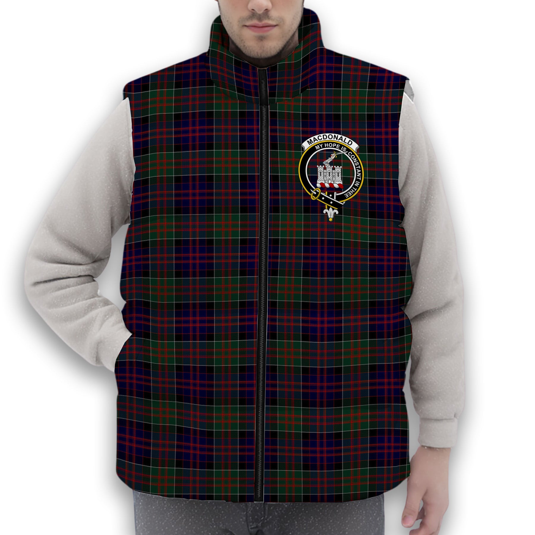 ScotsTee Shop Scottish MacDonald of Clan Ranald Crest Tartan Puffer Vest Winter White Duck Down Vest Sleeveless