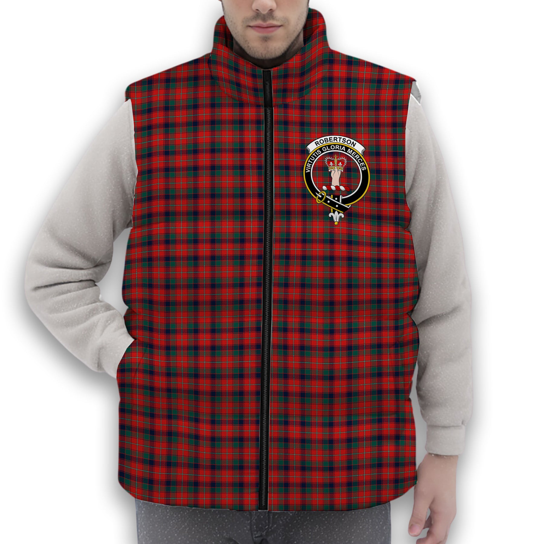 ScotsTee Shop Scottish Robertson White line New Modern Crest Tartan Puffer Vest Winter White Duck Down Vest Sleeveless