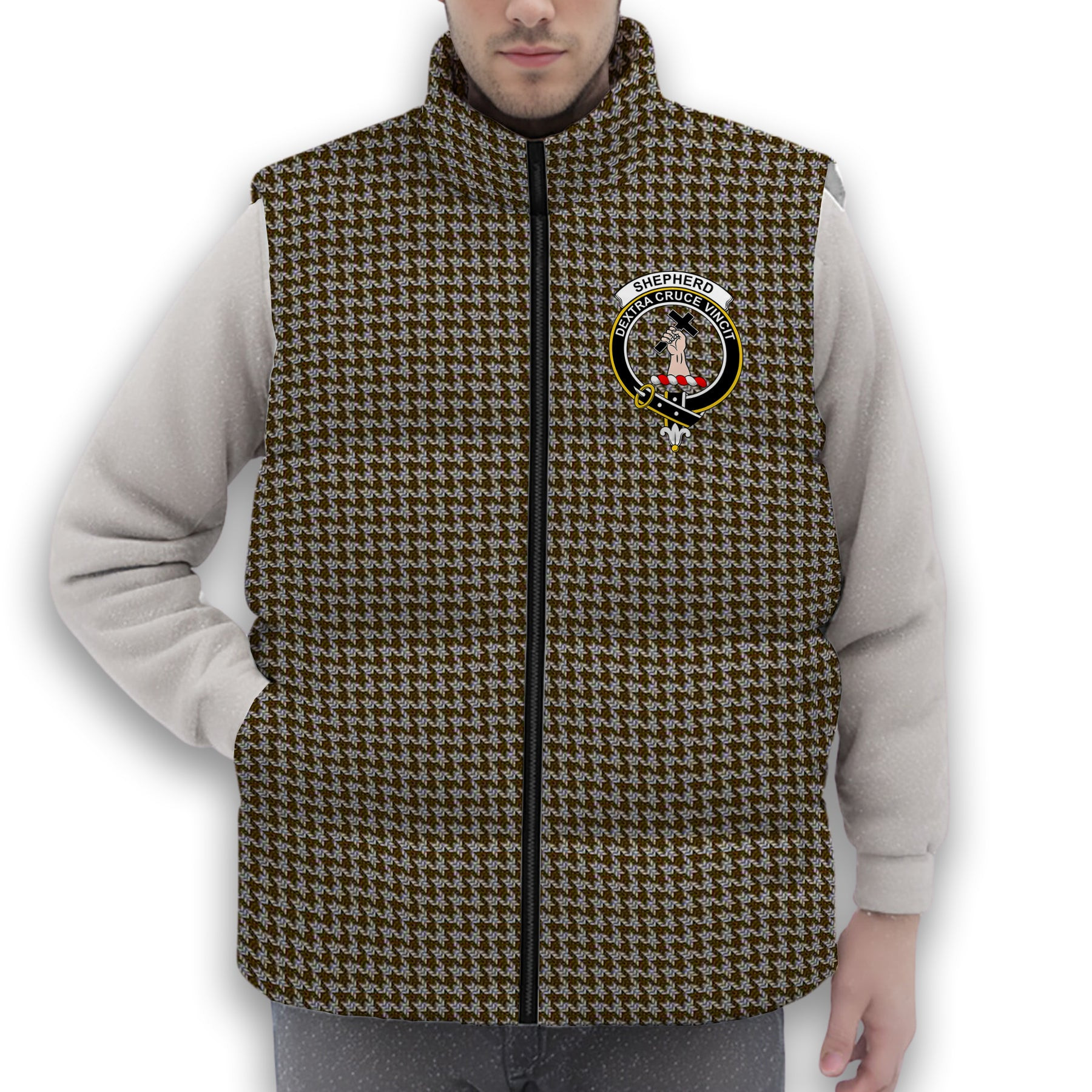 ScotsTee Shop Scottish Shepherd Brown & White Crest Tartan Puffer Vest Winter White Duck Down Vest Sleeveless