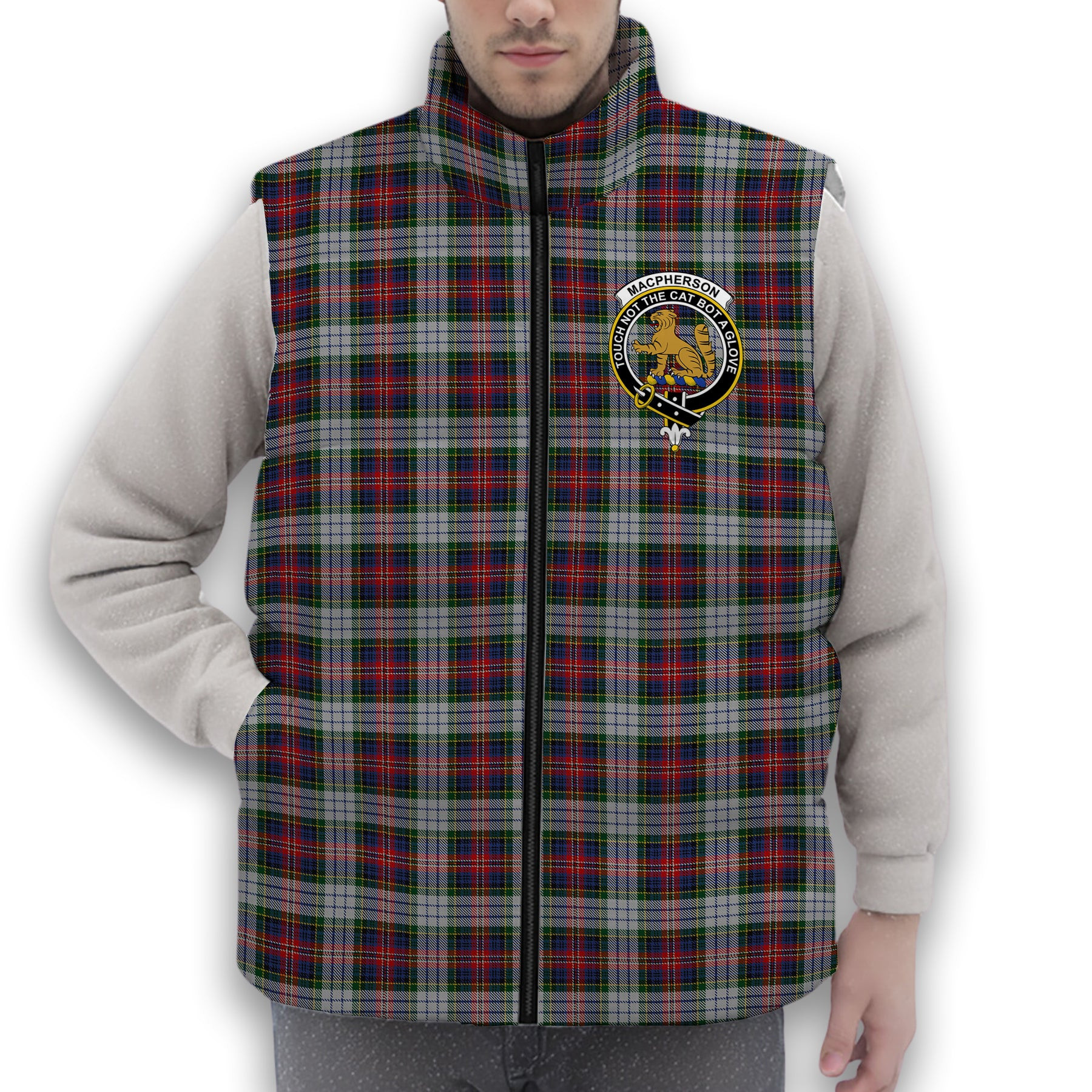 ScotsTee Shop Scottish MacPherson Dress 1 Crest Tartan Puffer Vest Winter White Duck Down Vest Sleeveless