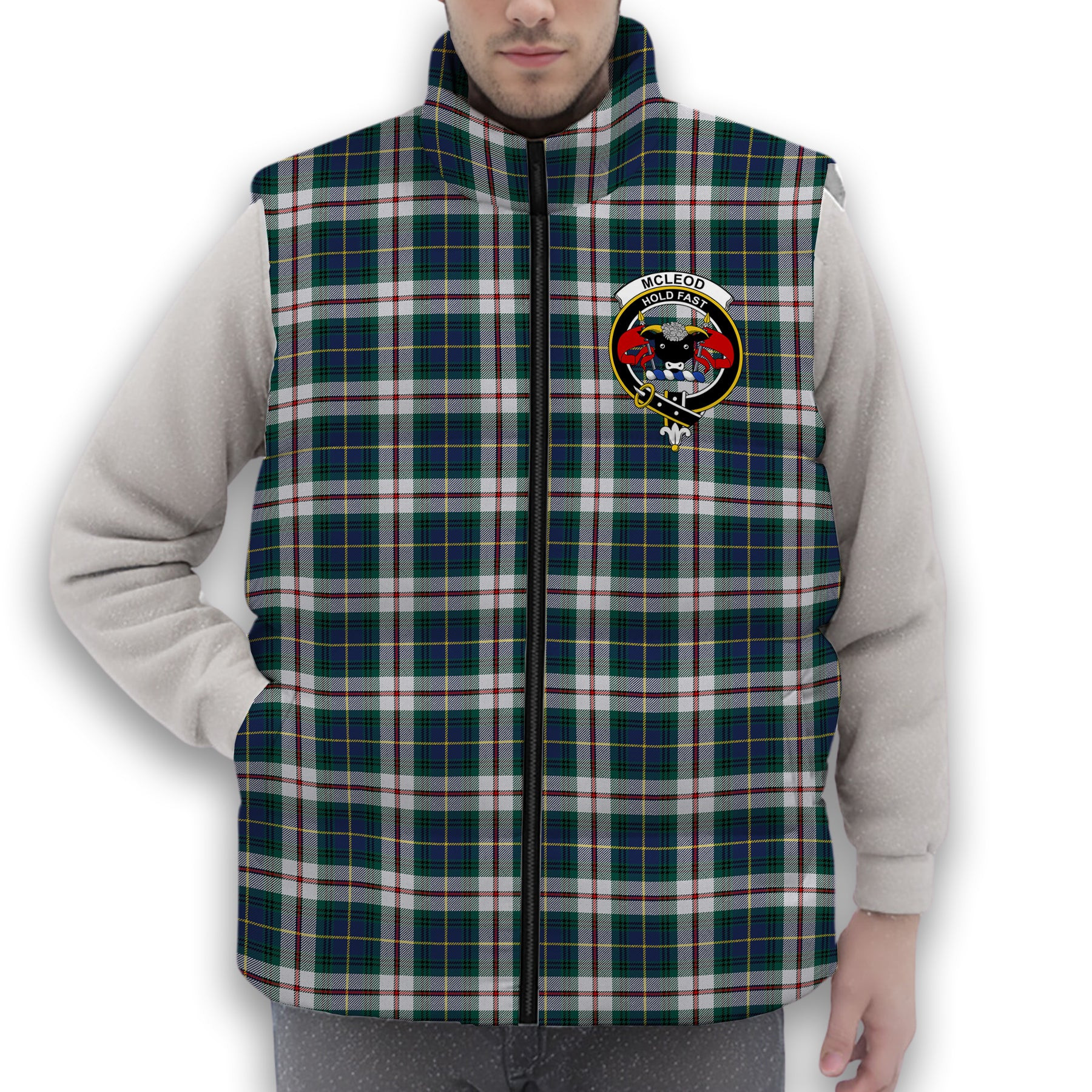 ScotsTee Shop Scottish McLeod Of Californian Modern Crest Tartan Puffer Vest Winter White Duck Down Vest Sleeveless