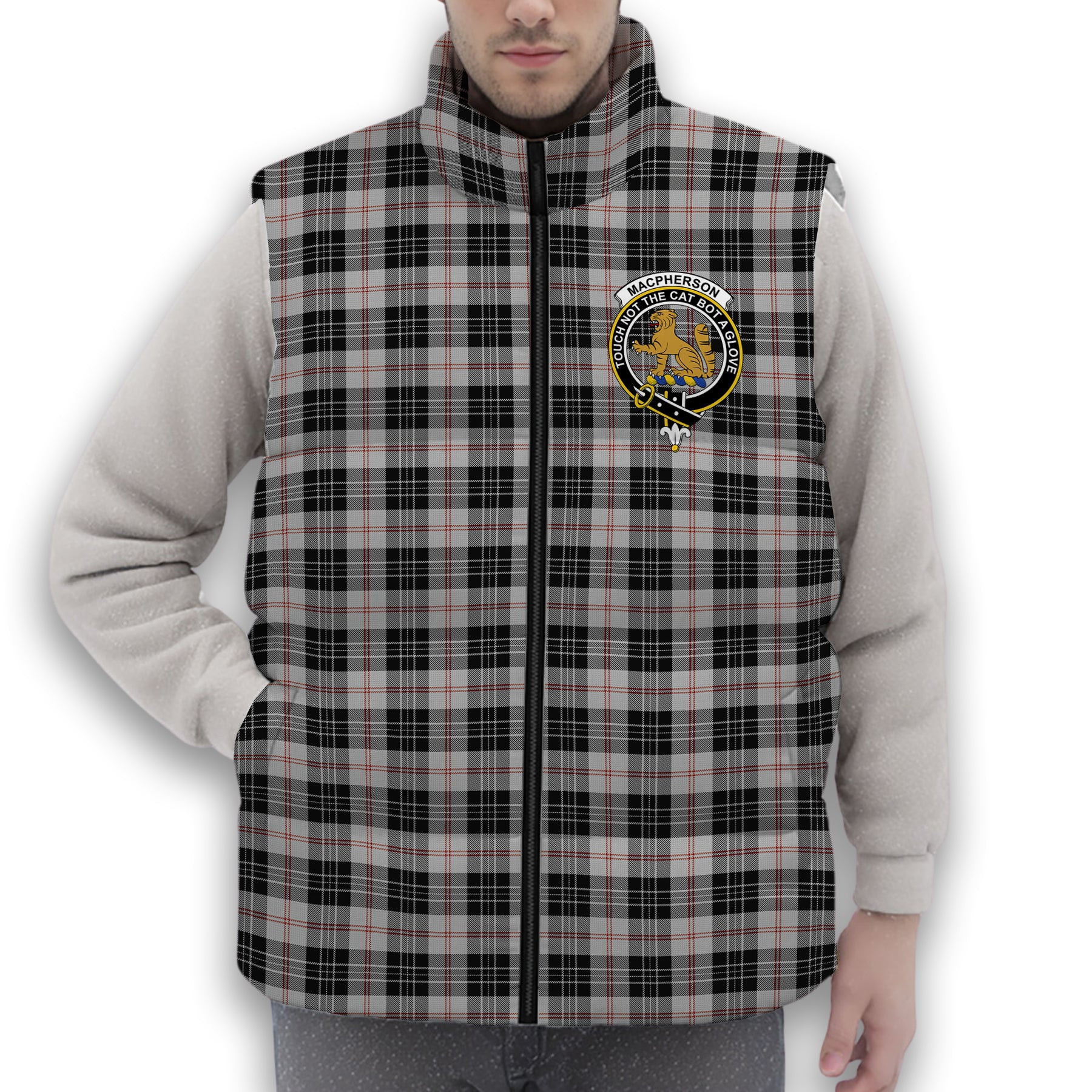 ScotsTee Shop Scottish MacPherson of Cluny Black and White Crest Tartan Puffer Vest Winter White Duck Down Vest Sleeveless