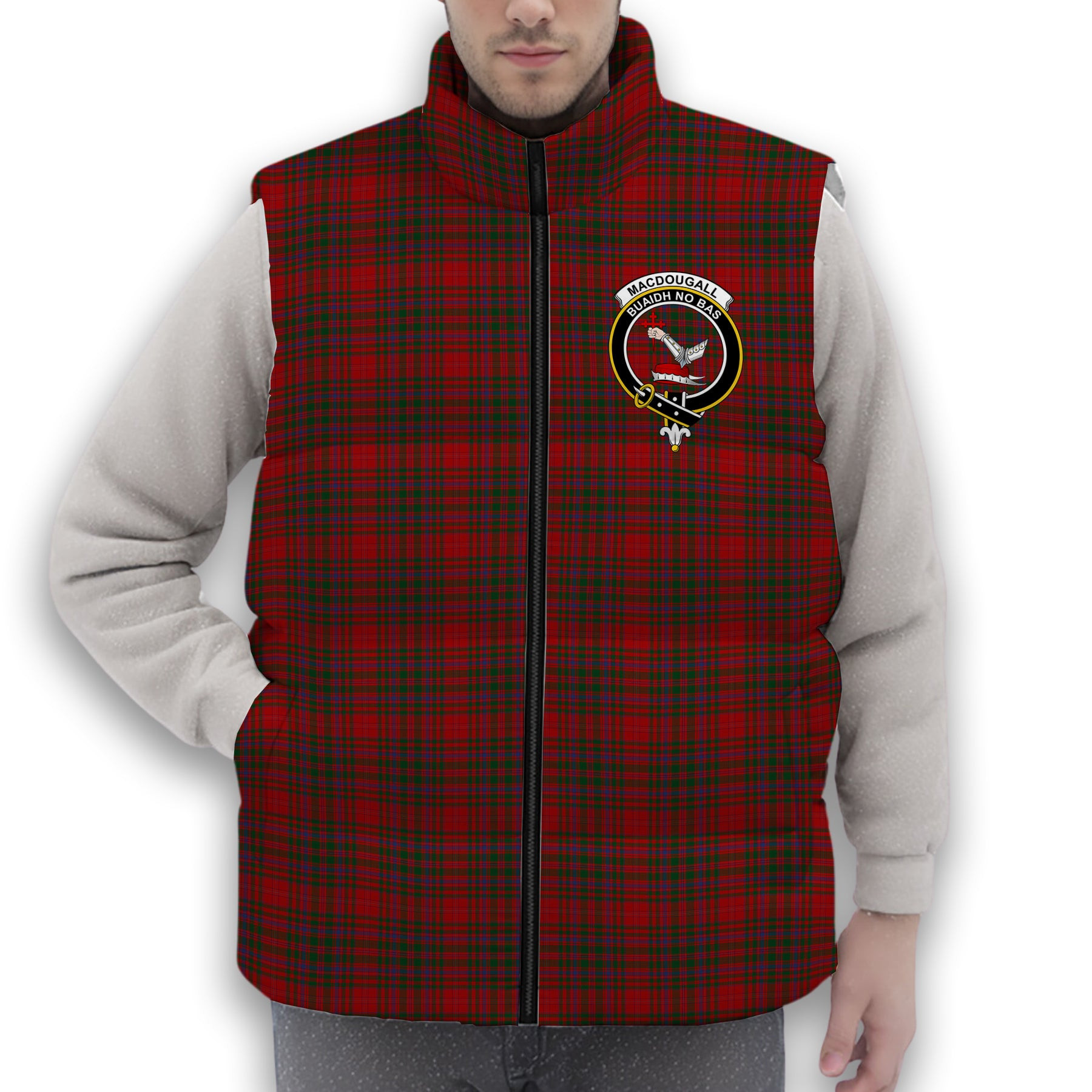 ScotsTee Shop Scottish MacDougall 1906 Crest Tartan Puffer Vest Winter White Duck Down Vest Sleeveless