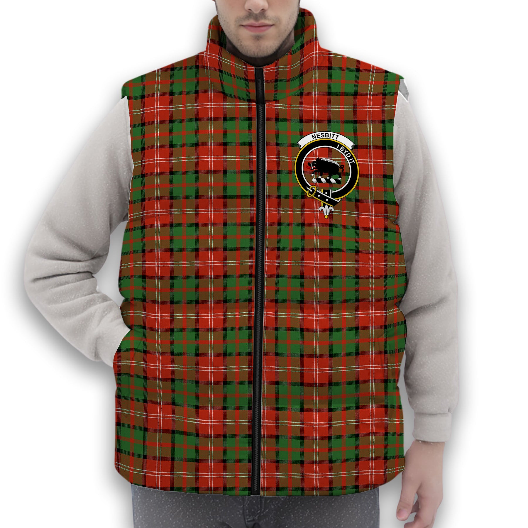 ScotsTee Shop Scottish Nesbitt Ancient Crest Tartan Puffer Vest Winter White Duck Down Vest Sleeveless