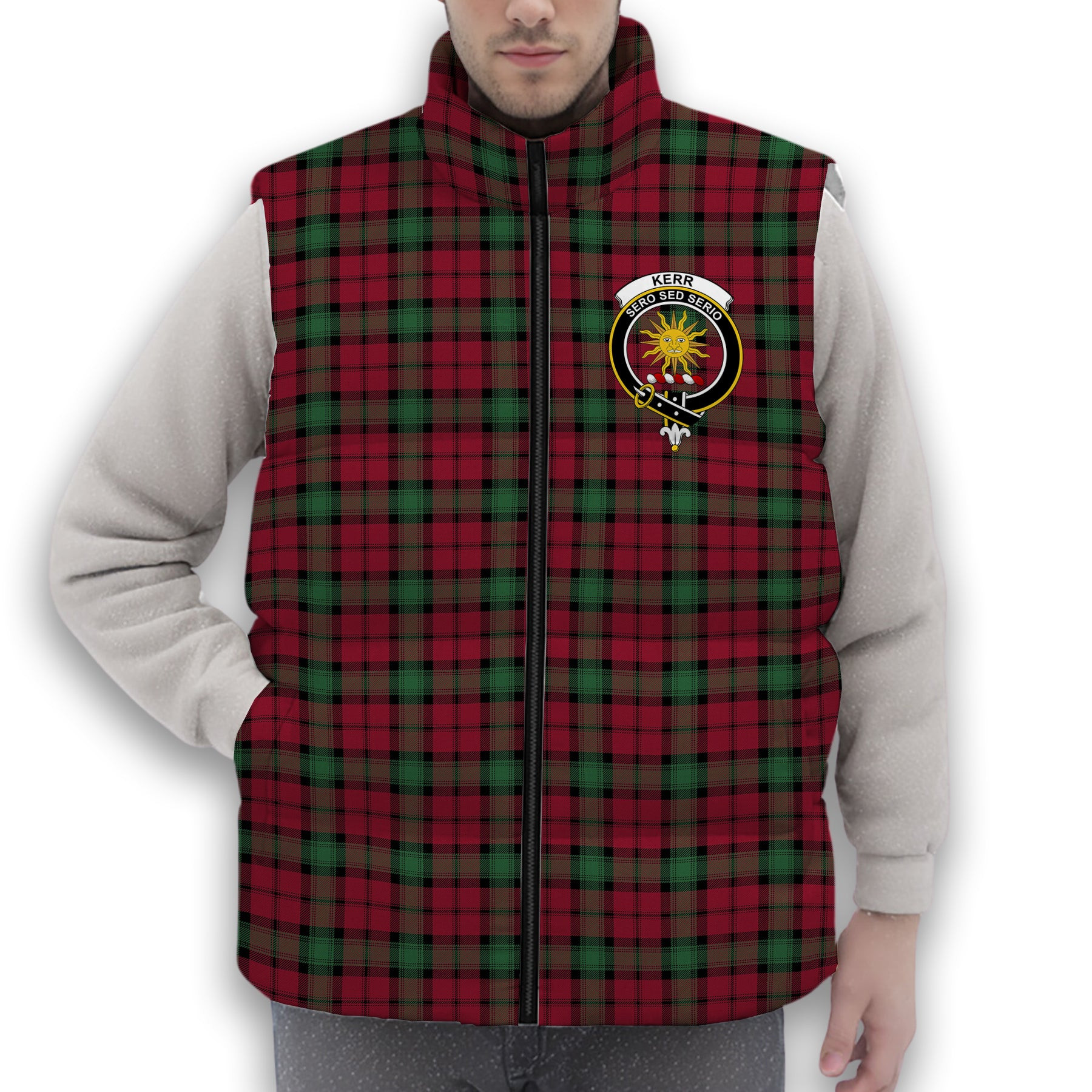 ScotsTee Shop Scottish Kerr Modern Clan Crest Tartan Puffer Vest Winter White Duck Down Vest Sleeveless