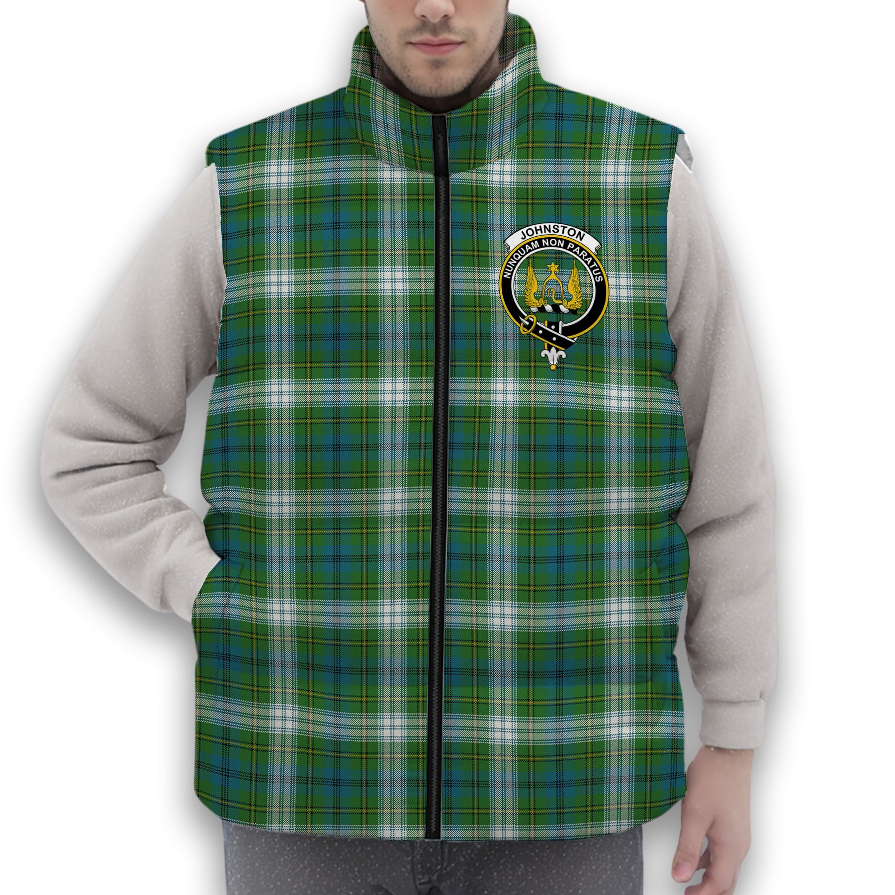 ScotsTee Shop Scottish Johnstone Dress Ancient Crest Tartan Puffer Vest Winter White Duck Down Vest Sleeveless