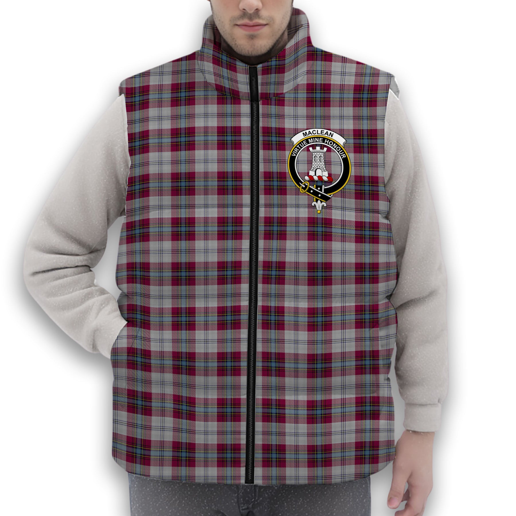 ScotsTee Shop Scottish MacLean of Duart Dress 4 Crest Tartan Puffer Vest Winter White Duck Down Vest Sleeveless