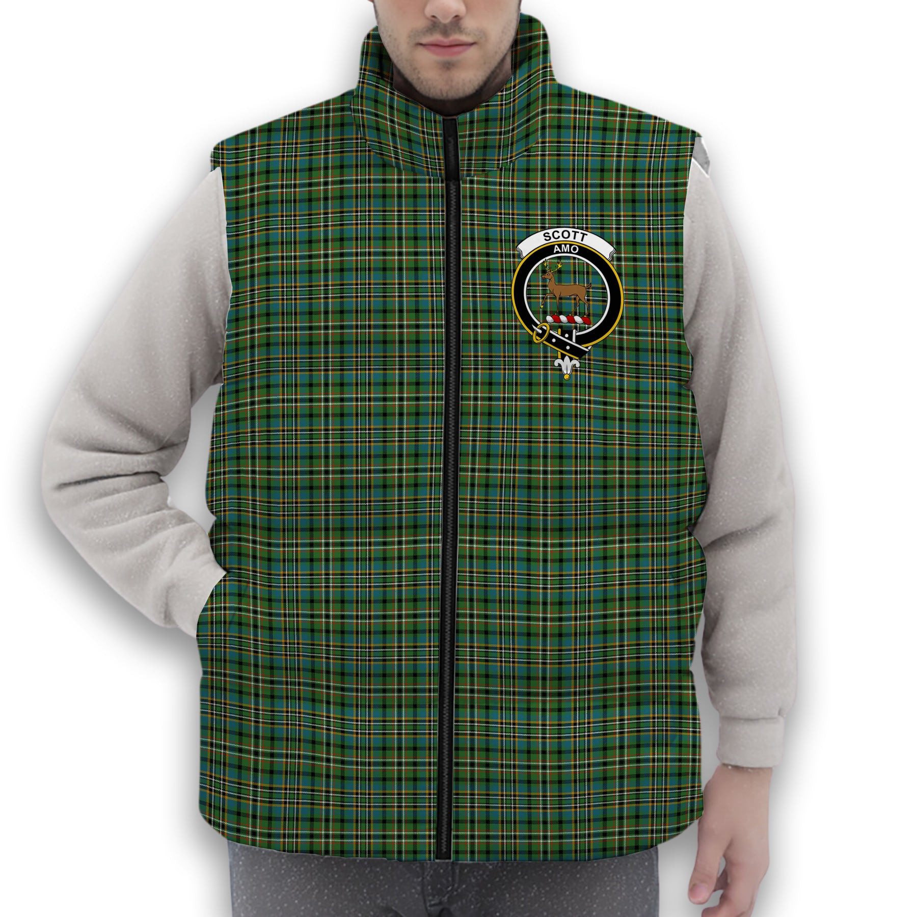 ScotsTee Shop Scottish Scott Green Ancient Crest Tartan Puffer Vest Winter White Duck Down Vest Sleeveless