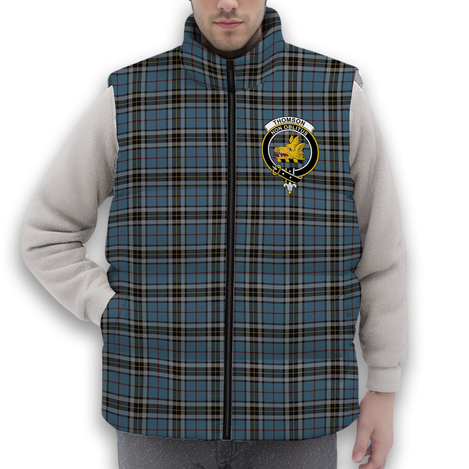 ScotsTee Shop Scottish Thomson Crest Tartan Puffer Vest Winter White Duck Down Vest Sleeveless