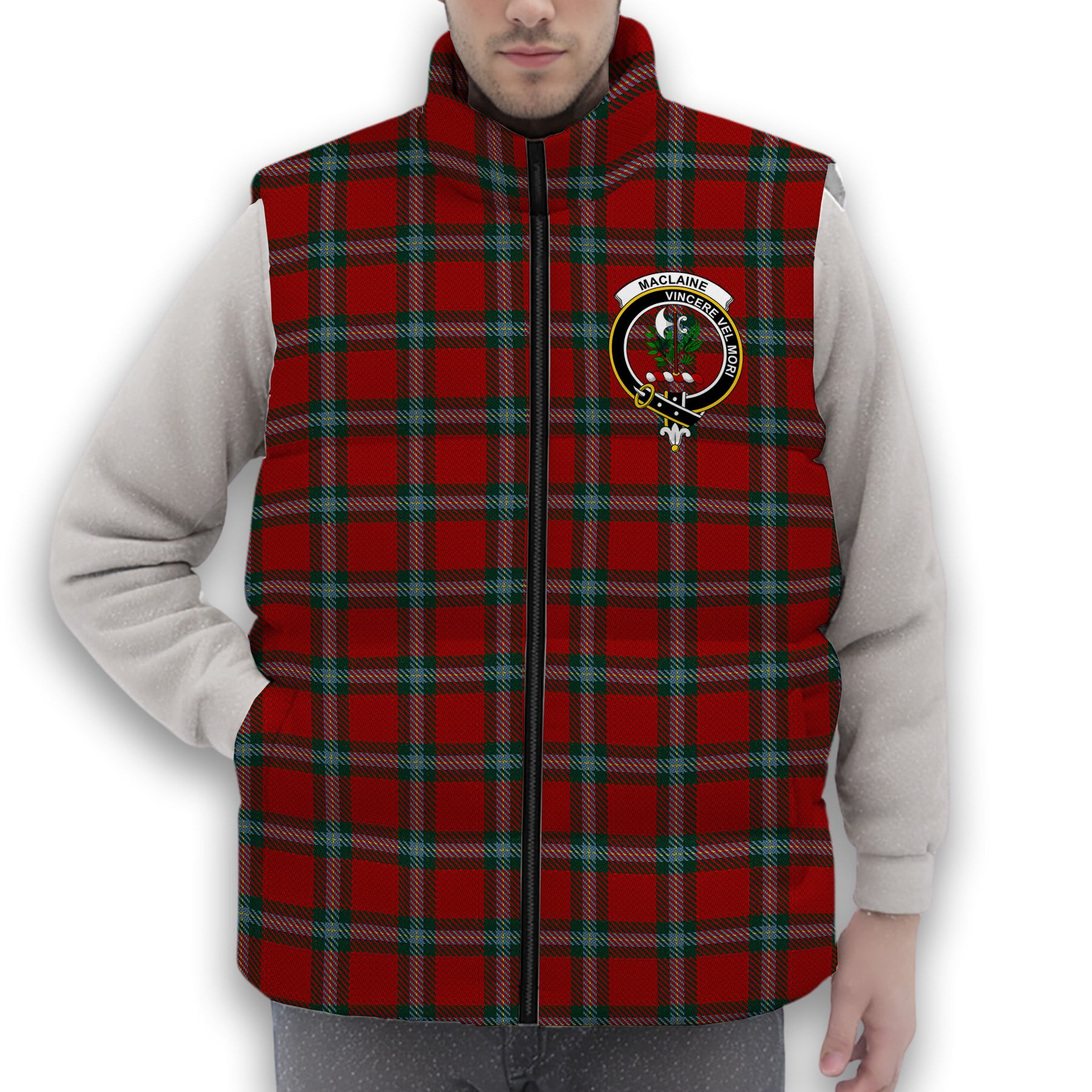 ScotsTee Shop Scottish MacLaine of Lochbuie Coburn Crest Tartan Puffer Vest Winter White Duck Down Vest Sleeveless