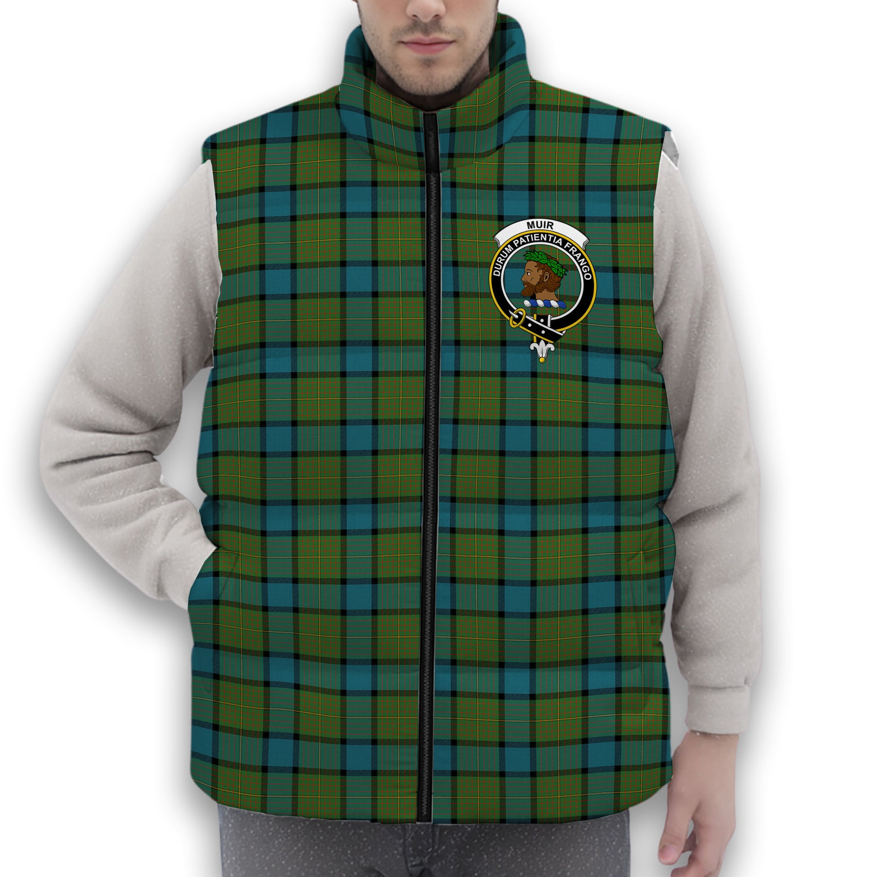 ScotsTee Shop Scottish Muir Ancient Crest Tartan Puffer Vest Winter White Duck Down Vest Sleeveless