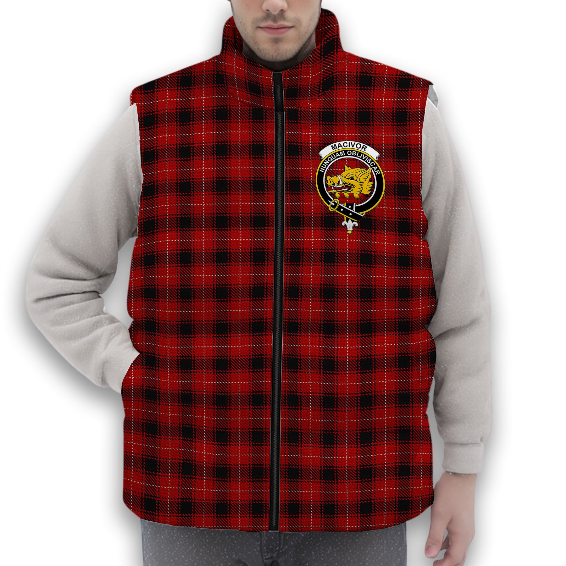 ScotsTee Shop Scottish MacIvor Crest Tartan Puffer Vest Winter White Duck Down Vest Sleeveless