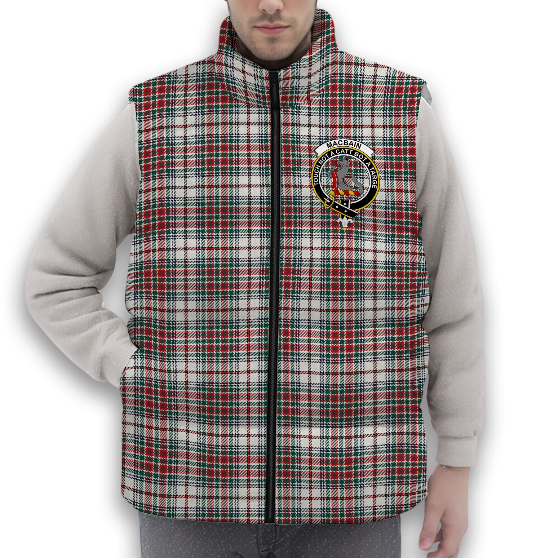 ScotsTee Shop Scottish MacBain Dress Modern Crest Tartan Puffer Vest Winter White Duck Down Vest Sleeveless