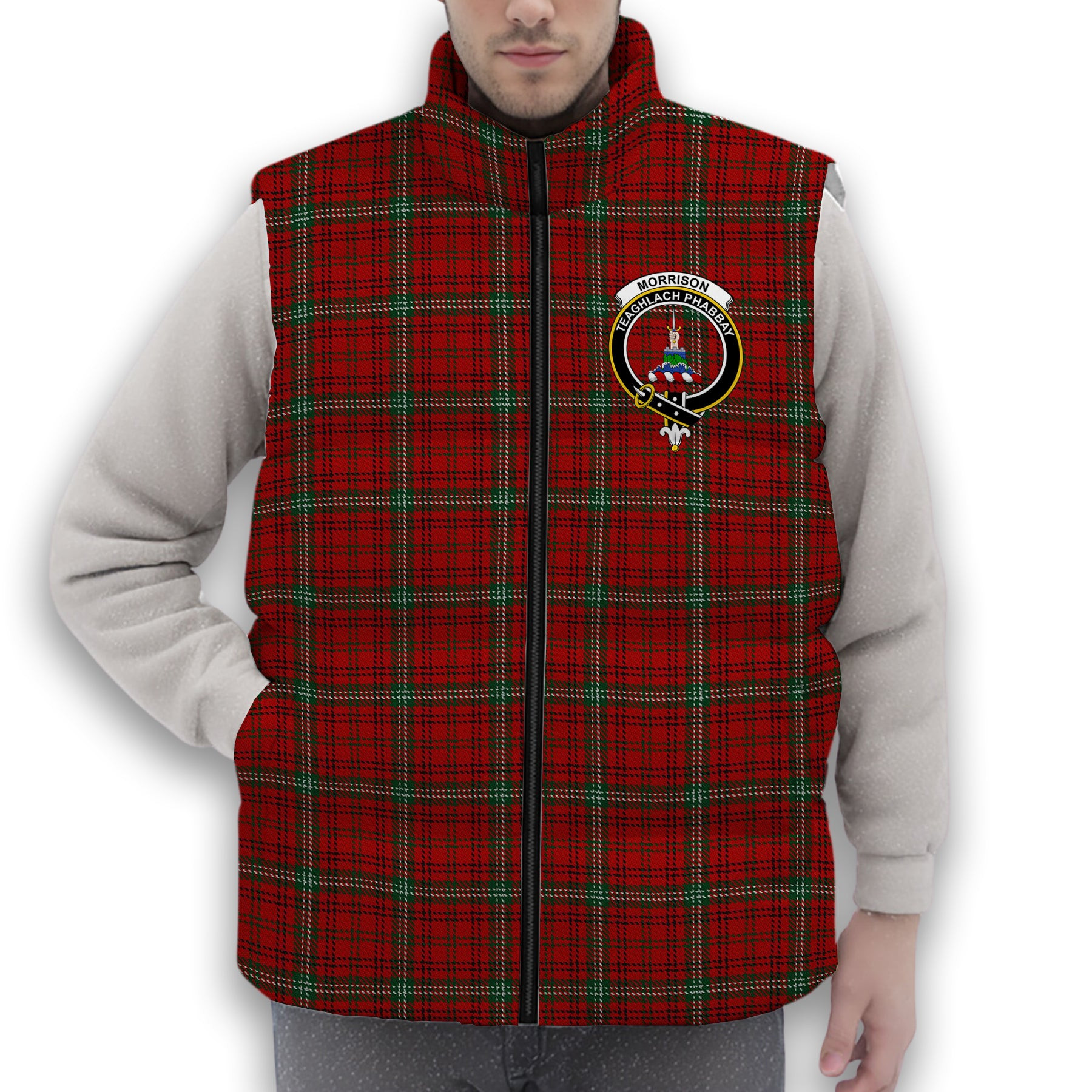 ScotsTee Shop Scottish Morrison Red Crest Tartan Puffer Vest Winter White Duck Down Vest Sleeveless