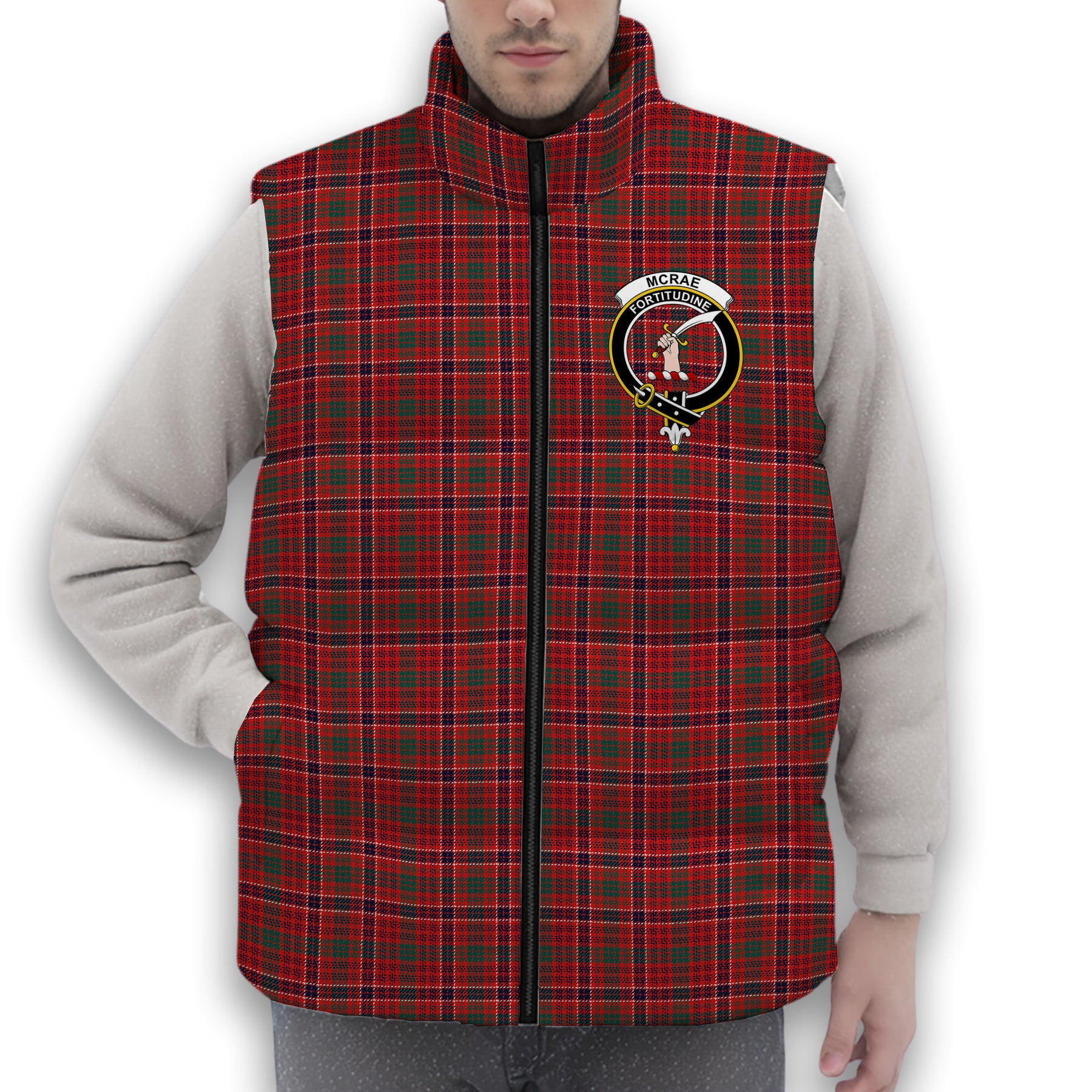 ScotsTee Shop Scottish McRae Red Modern Crest Tartan Puffer Vest Winter White Duck Down Vest Sleeveless