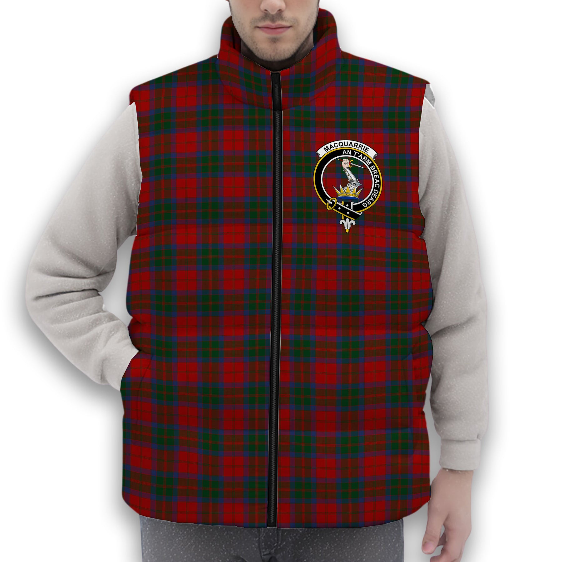 ScotsTee Shop Scottish MacQuarrie 2 Crest Tartan Puffer Vest Winter White Duck Down Vest Sleeveless