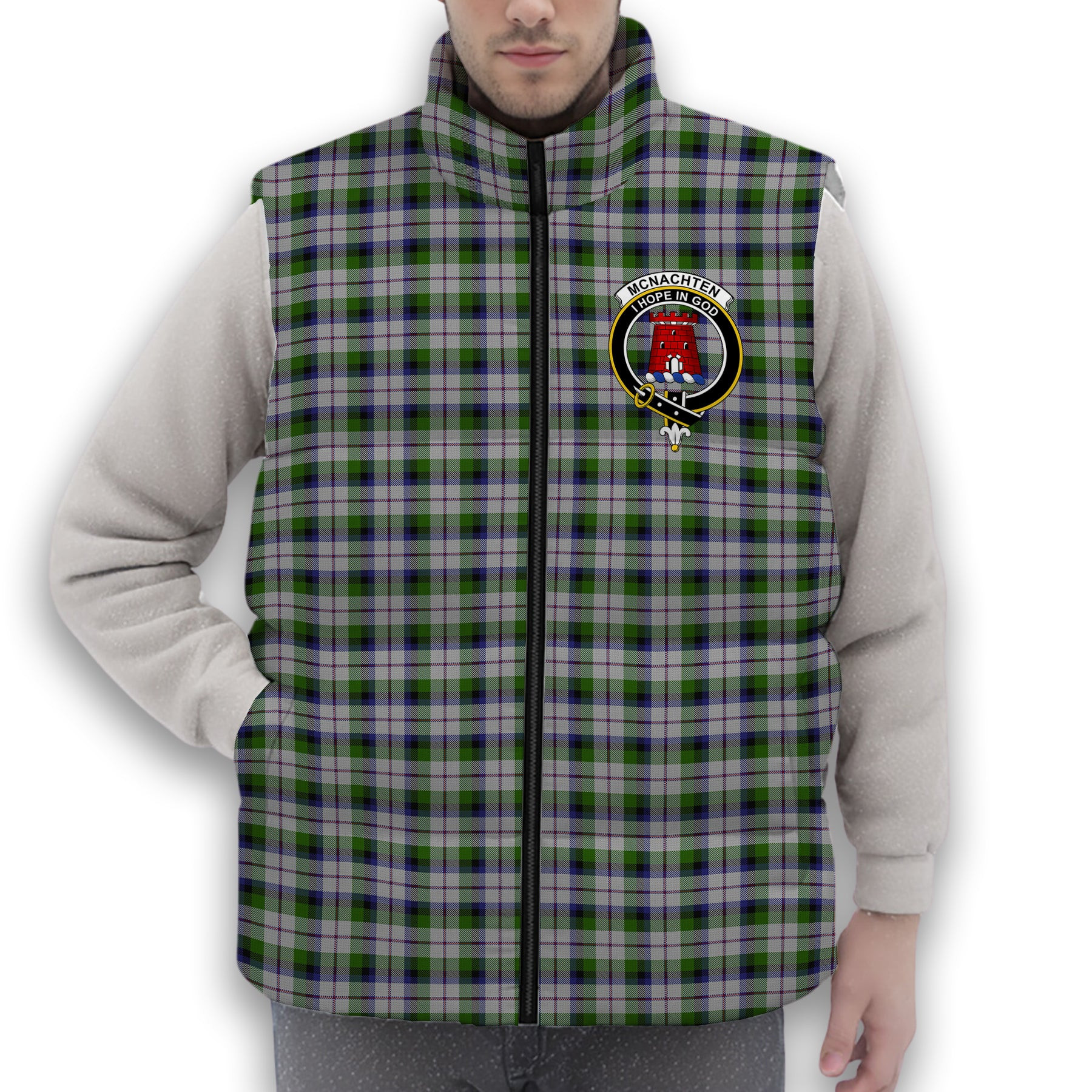 ScotsTee Shop Scottish McNachten Dress Crest Tartan Puffer Vest Winter White Duck Down Vest Sleeveless