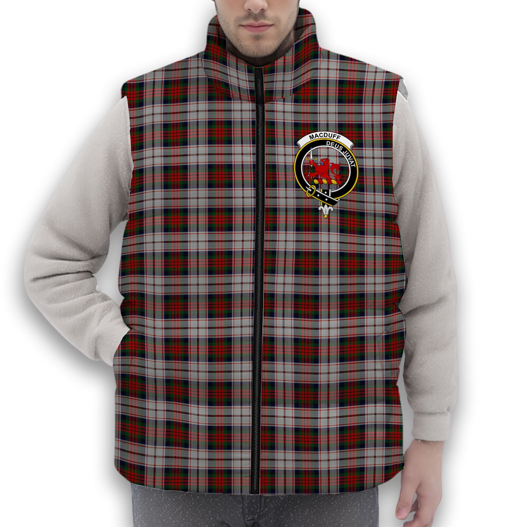 ScotsTee Shop Scottish MacDuff Dress 4 Crest Tartan Puffer Vest Winter White Duck Down Vest Sleeveless